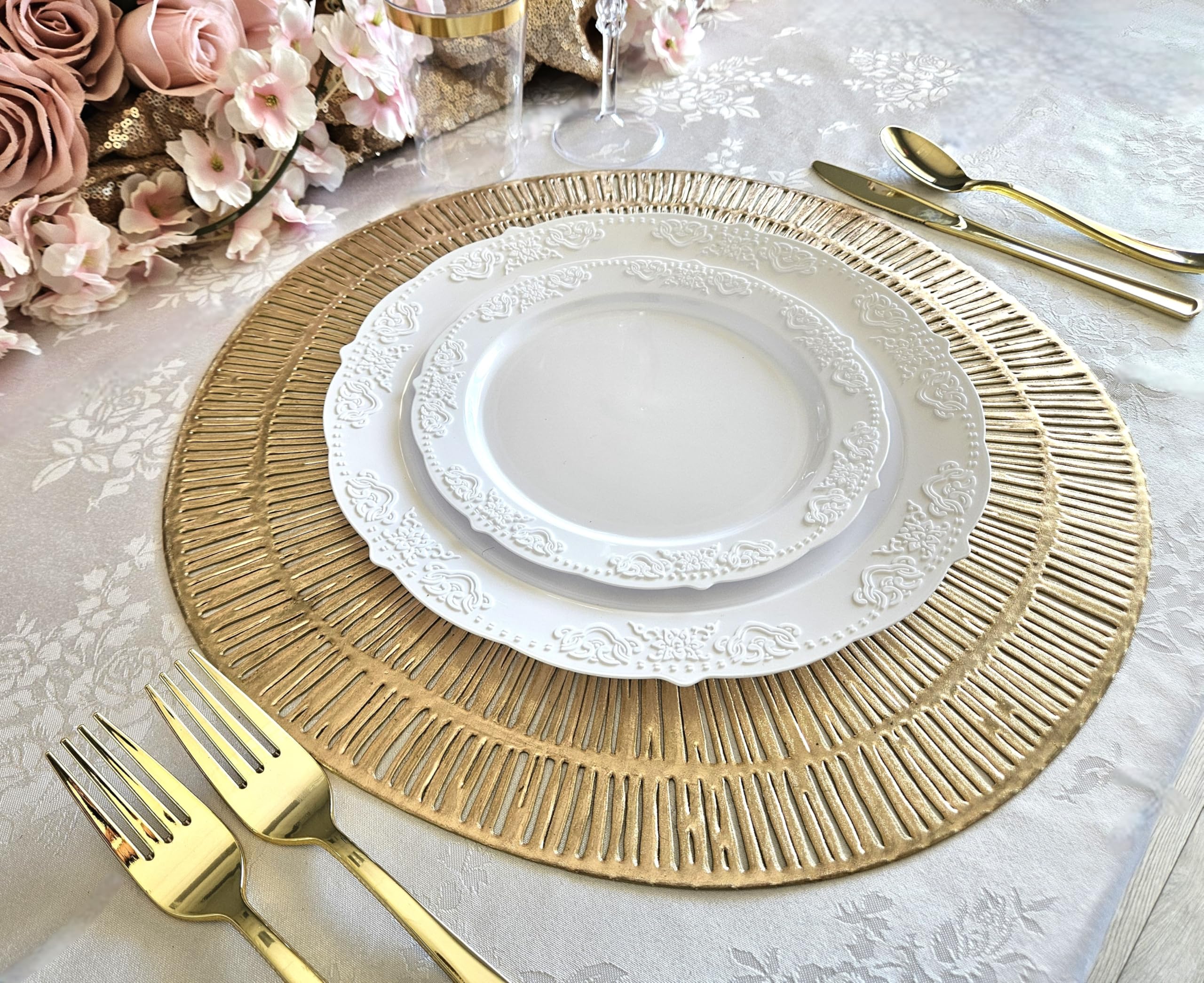 40-Pack Pressed Vinyl Metallic Placemats - Elegant Cleo Gold Wedding Table Decor for Dining, Parties & Special Events