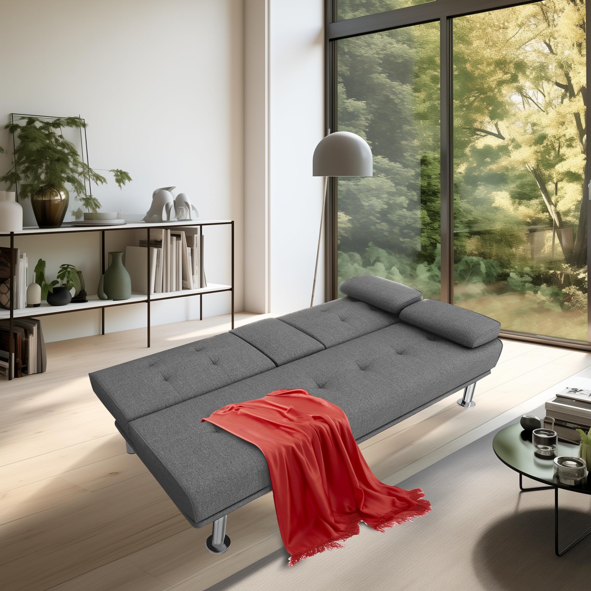 Yoyomax Convertible Linen Fabric Sofa Bed - Foldable Futon Couch for Small Spaces, Dorm Rooms, RVs & Home Offices (Grey) | Perfect for Guest Beds, Studio Apartments & Multi-Functional Living Spaces