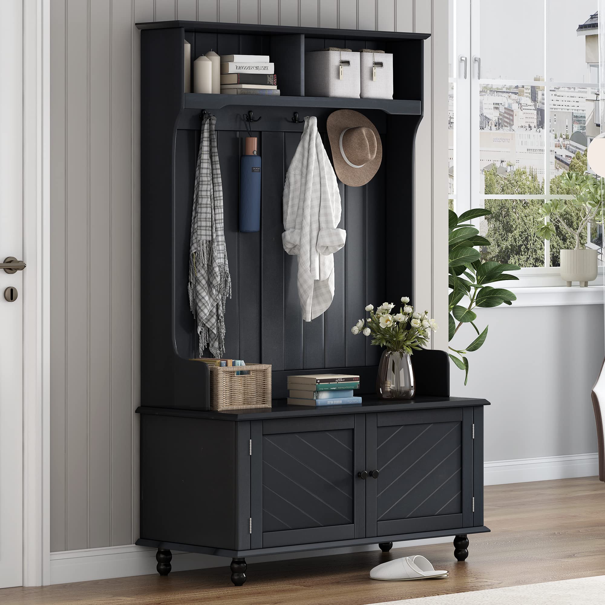 Merax 3-in-1 Hall Tree with 4 Hooks & Storage Bench - Entryway Organizer with Coat Hanger, 2 Open Shelves - Perfect for Entrance, Hallway, Mudroom (Black) - Ideal for Small Spaces & Home Organization
