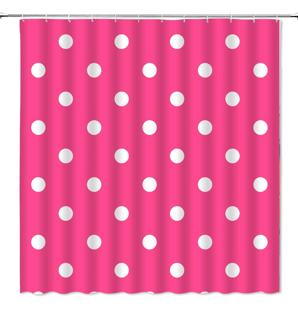 Polka Dot Shower Curtain Set - 70x70 Inches Hot Pink & White Cute Doodle Print Bathroom Decor with Hooks | Waterproof Fabric for Girls' & Kids' Bathroom, Dorm, Apartment