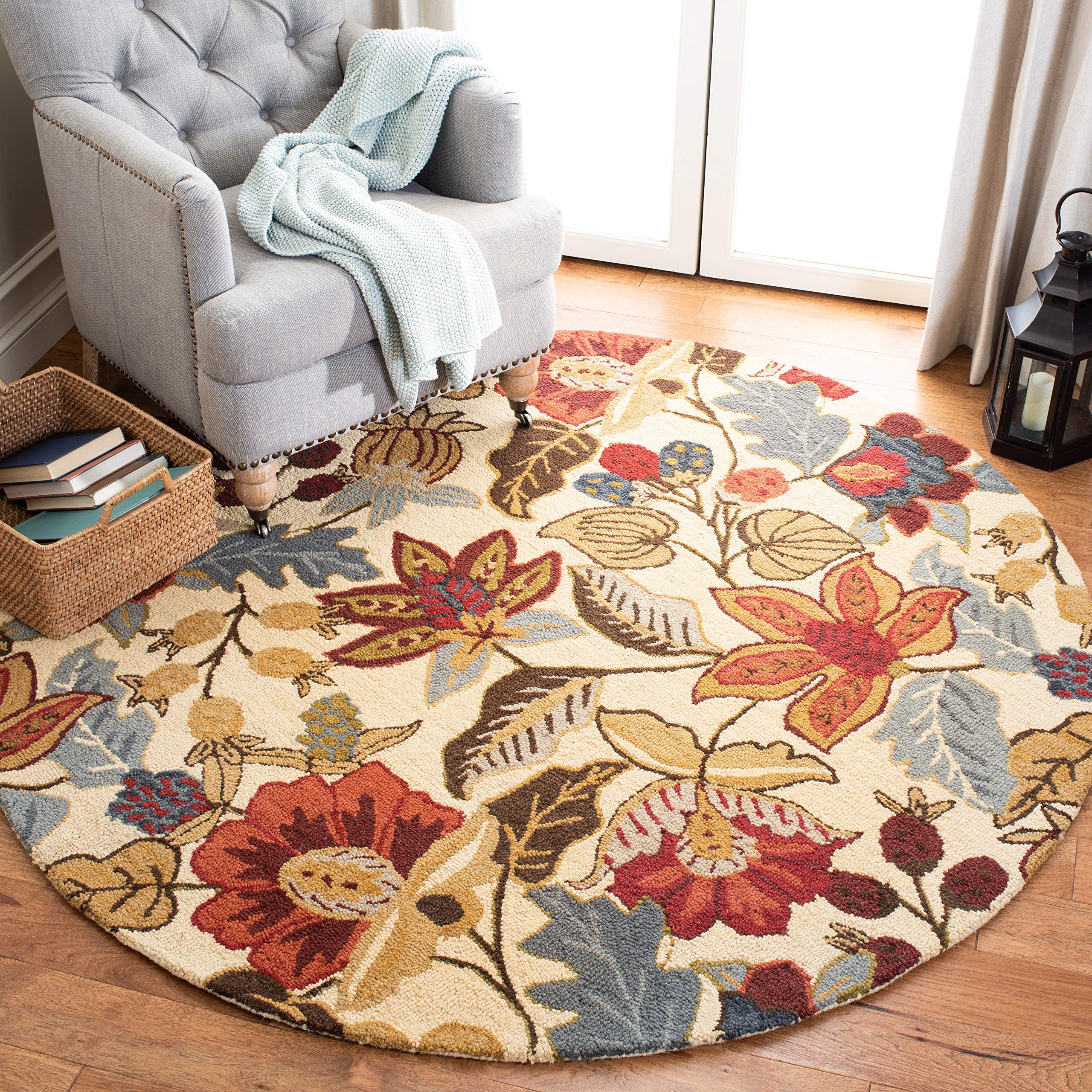 SAFAVIEH Jardin Collection 6' Round Beige & Multicolor Handmade Floral Wool Area Rug - Perfect for Living Room, Bedroom & Home Decor (JAR952A)