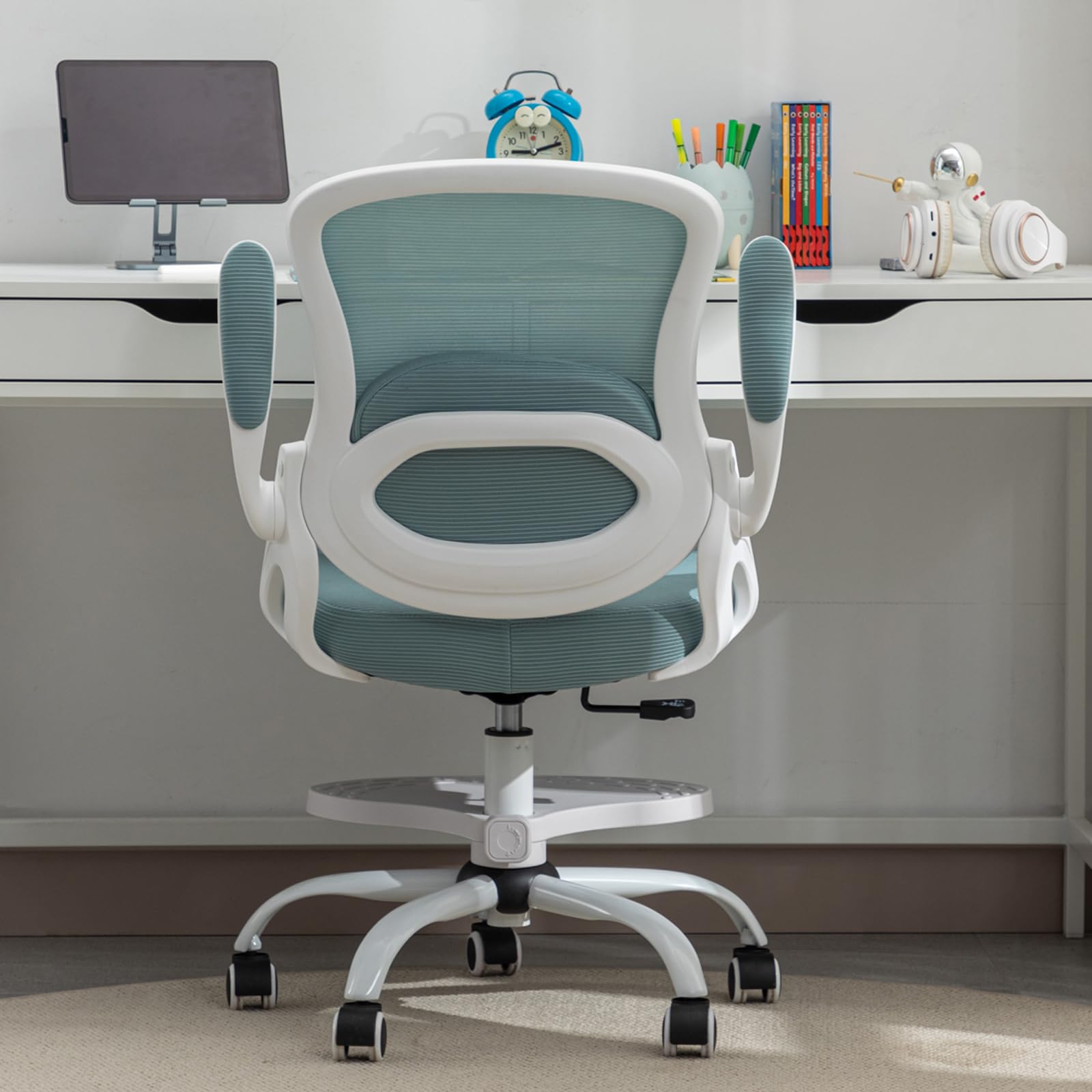 Ergonomic Adjustable Height Kids Study Chair with Swivel & Wheels - Blue Mesh Desk Chair for Children's Bedroom & Home Office - Perfect for Homework, Online Learning & Gaming