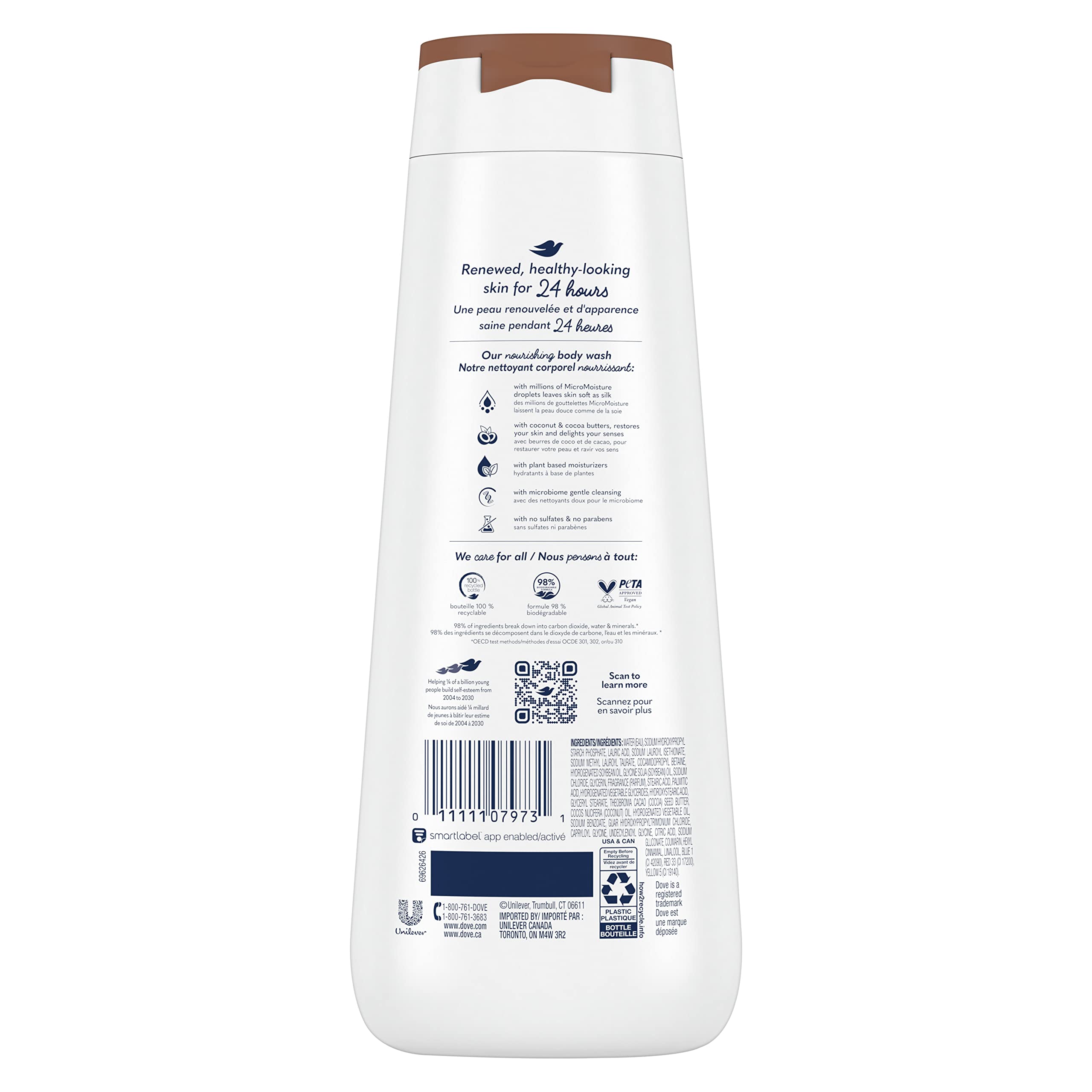 Dove Body Wash Restoring Coconut & Cocoa Butter - 4 Pack (20 oz Each) | Gentle Skin Cleanser for Renewed, Healthy-Looking Skin | Effectively Washes Away Bacteria While Nourishing | Perfect for Daily Shower, Spa Day & Gift Sets
