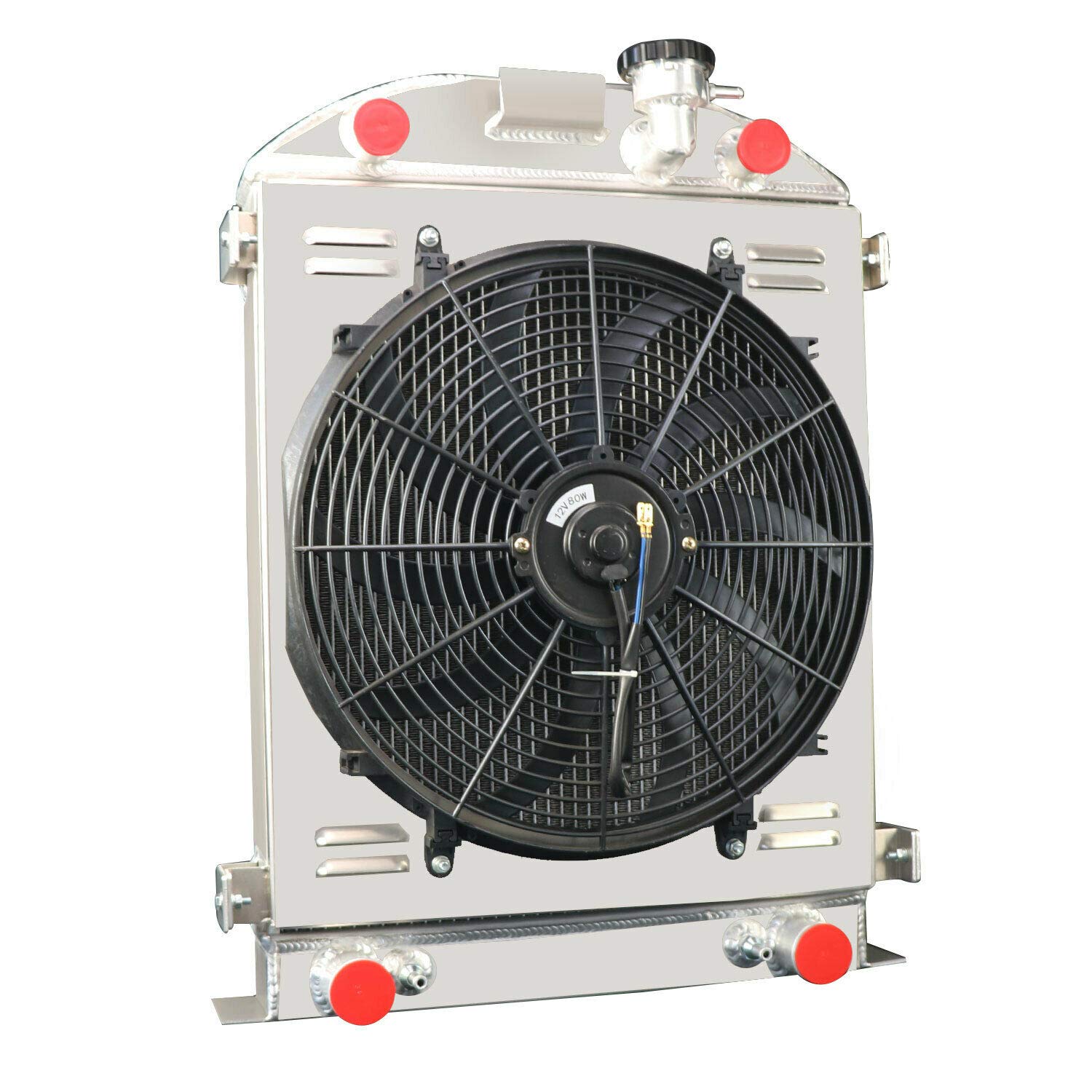 AlloyWorks 4-Row 62MM Full Aluminum Radiator with Shroud Fan & Relay Kit for 1930-1934 Ford Flathead V8 Truck Engine - Perfect for Classic Car Restoration & Hot Rod Upgrades