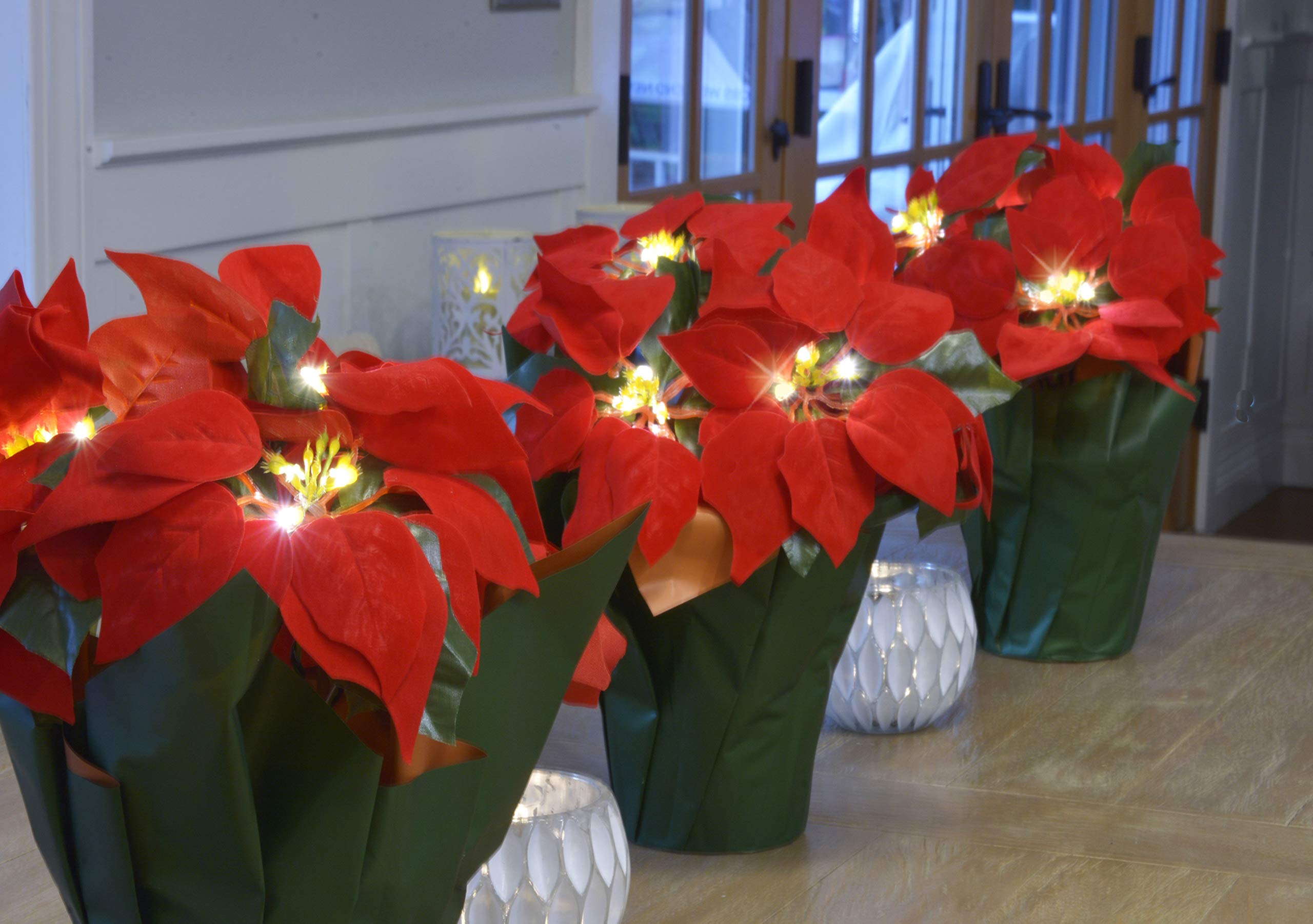 12 Inch LED Lighted Artificial Red Christmas Poinsettia Plant - Battery Operated with Timer - Perfect for Holiday Home Decor, Table Centerpiece, and Festive Party Decorations