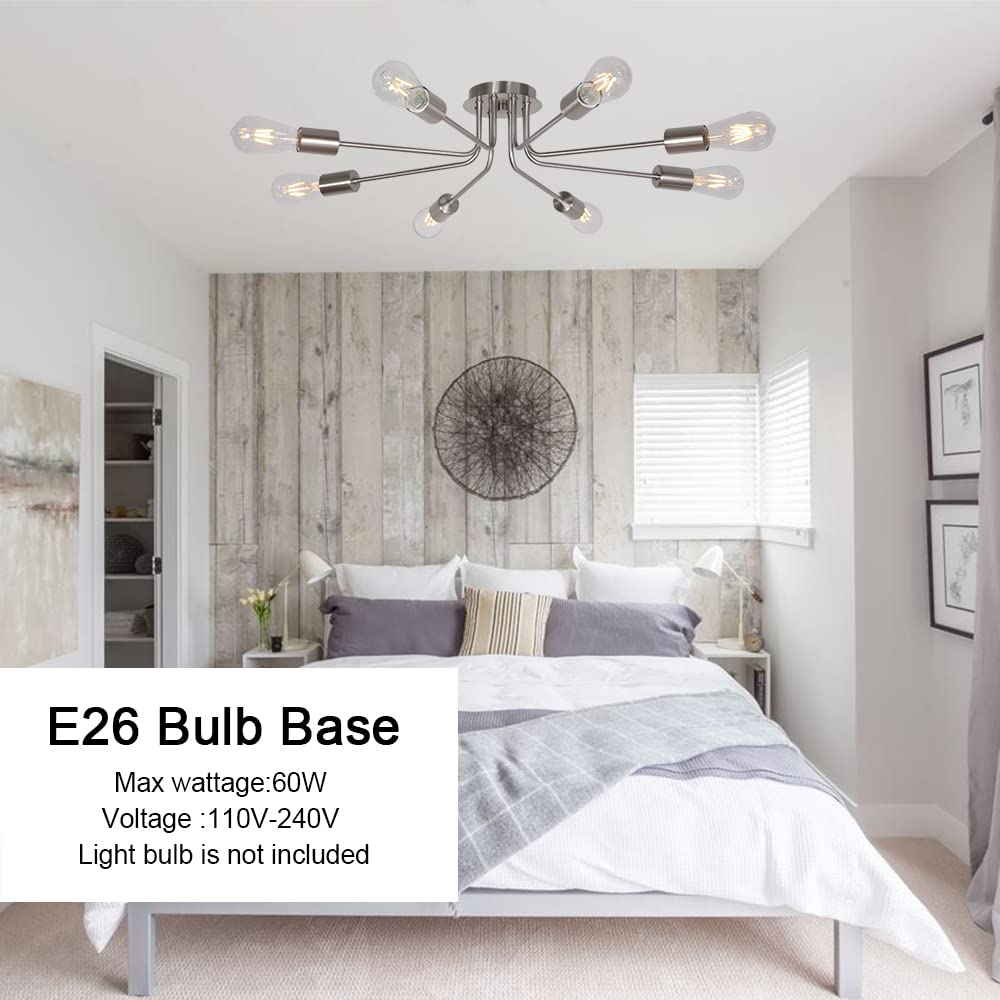 Mid Century Modern 8-Light Chandelier - Brushed Nickel Semi-Flush Mount Ceiling Light Fixture for Kitchen, Dining Room & Living Room | Elegant Lighting for Home Decor