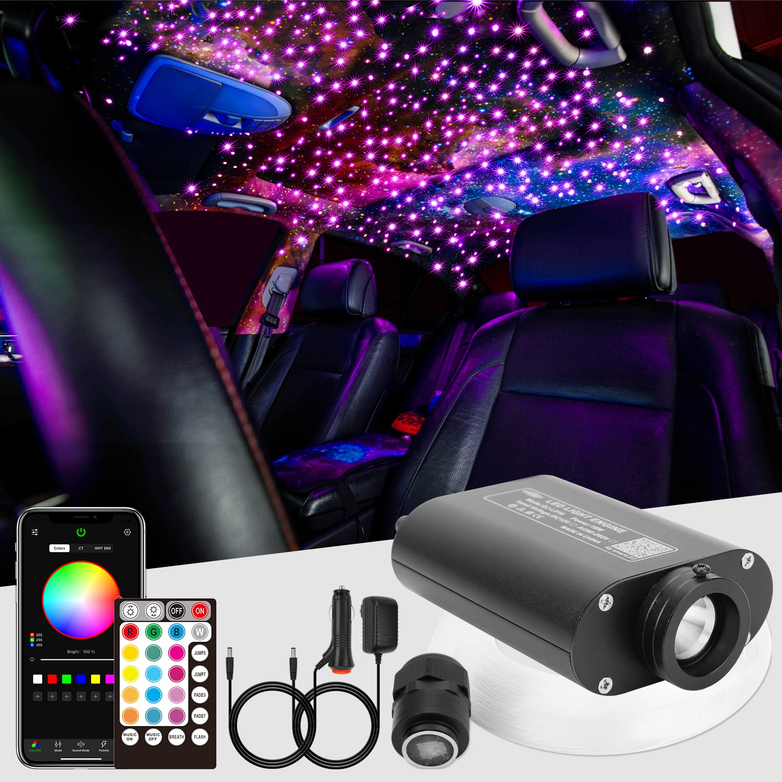 CHINLY 16W 450pcs 13.1ft RGBW Bluetooth LED Fiber Optic Star Ceiling Light Kit - 0.03in/0.04in/0.06in Fiber Sizes - APP & Remote Control with Music Sync - Includes Adapter & Cigarette Lighter - Perfect for Car Headliner, Home Theater, Bedroom Ceiling Decor