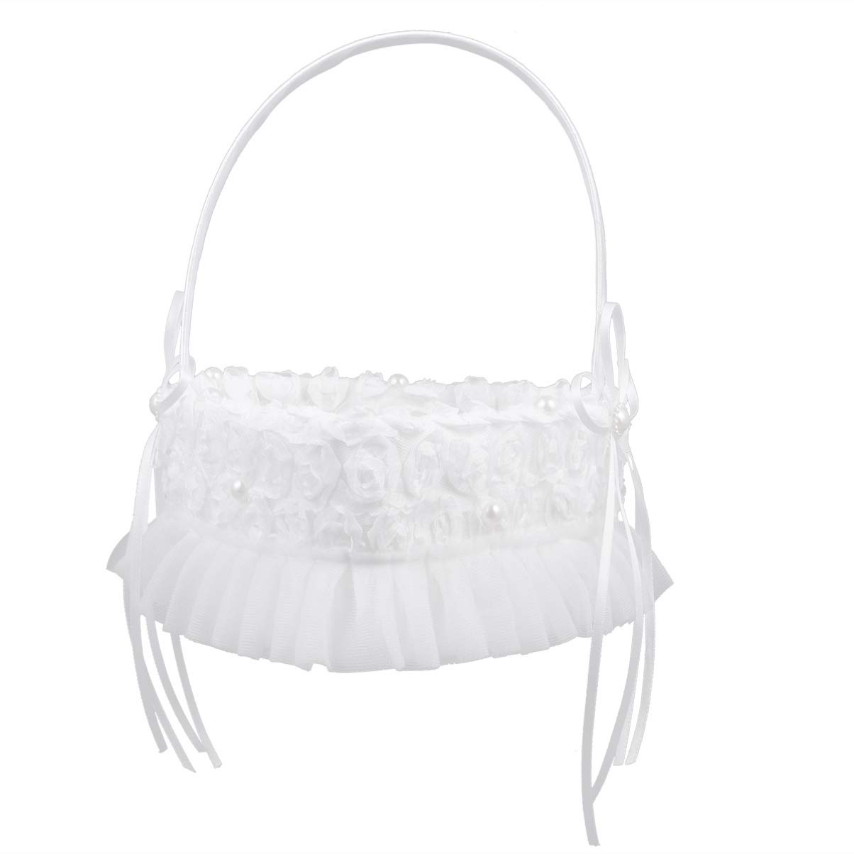 Happyyami White Heart-Shaped Lace Wedding Basket with Satin Roses - Bridal Flower Petal Holder for Wedding Ceremony, Reception & Party Decorations - Perfect for Aisle Scattering, Table Centerpieces & Photo Props