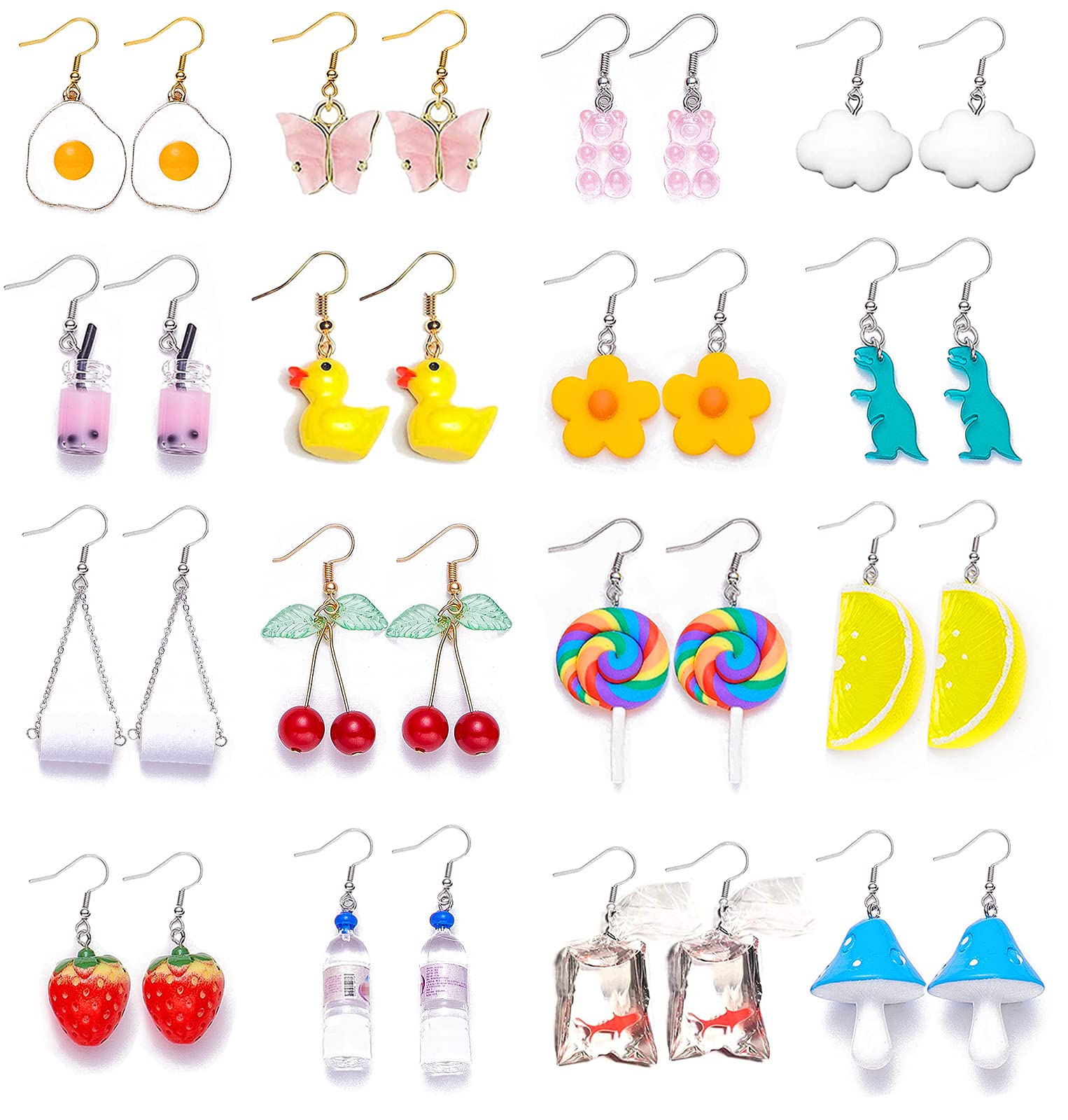 16 Pairs Funny & Cute Dangle Earrings Set for Women - Rubber Duck, Gummy Bear, Goldfish, Water Bottle, Butterfly, Dinosaur, Strawberry & Mushroom Designs | Trendy Novelty Jewelry for Parties, Gifts & Daily Wear