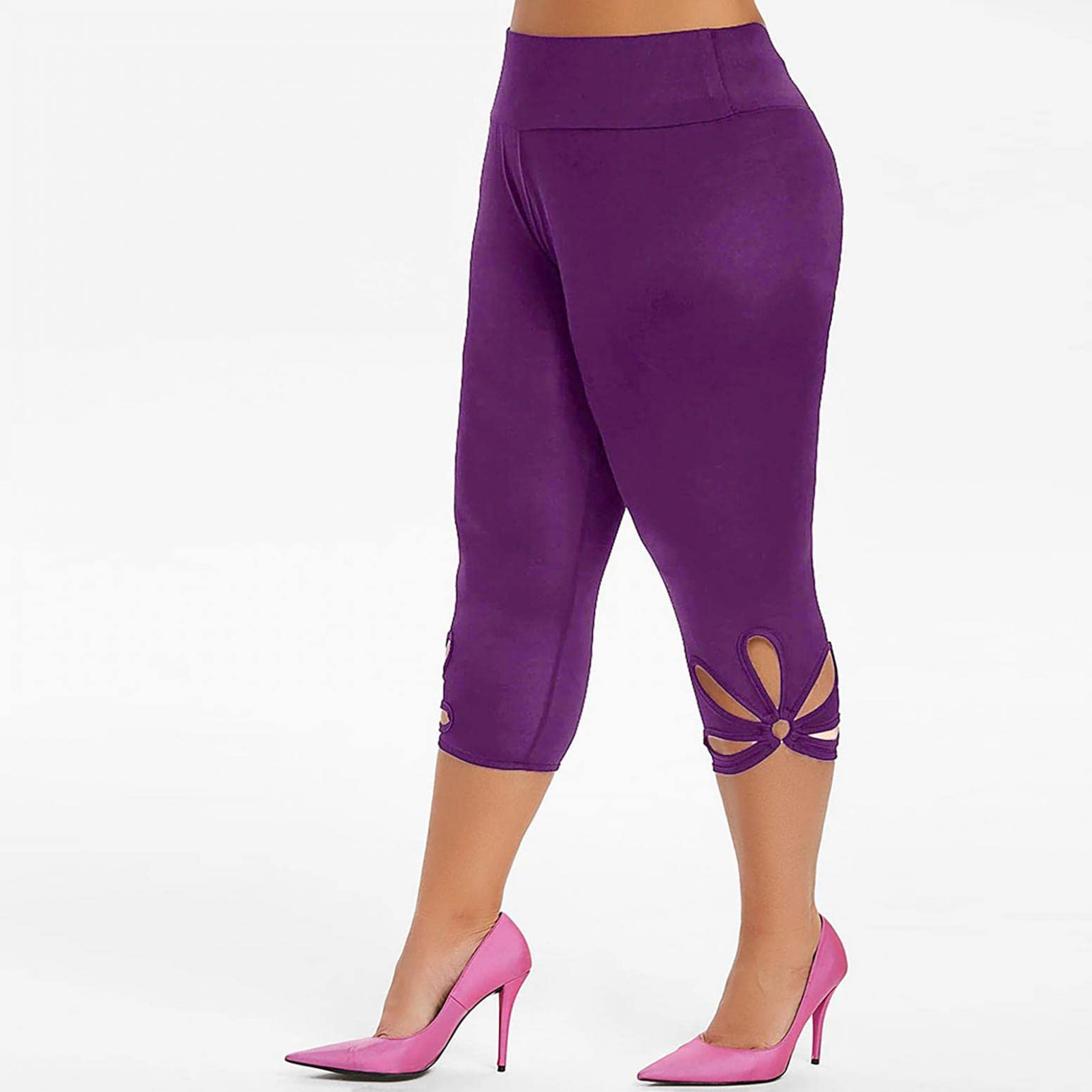 Women's Plus Size Bermuda Shorts - High Waisted Yoga Capris with Stretch & Hollow Out Design - Workout Compression Pants for Yoga, Gym & Summer Outdoor Activities