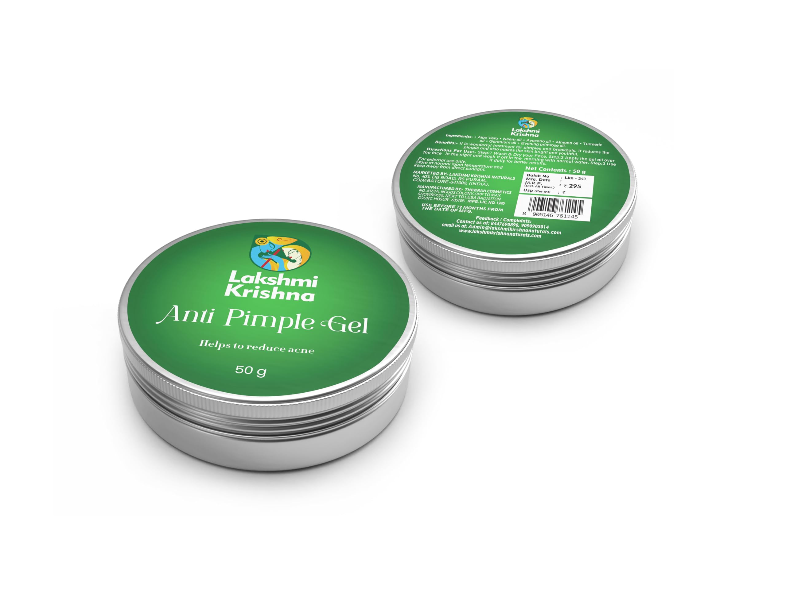 Lakshmi Krishna Natural Pimple Face Gel with Neem & Turmeric - 50g Acne Treatment for Clear Skin | Herbal Anti-Acne Solution for Teens & Adults | Perfect for Daily Skincare Routine & Oily Skin Care