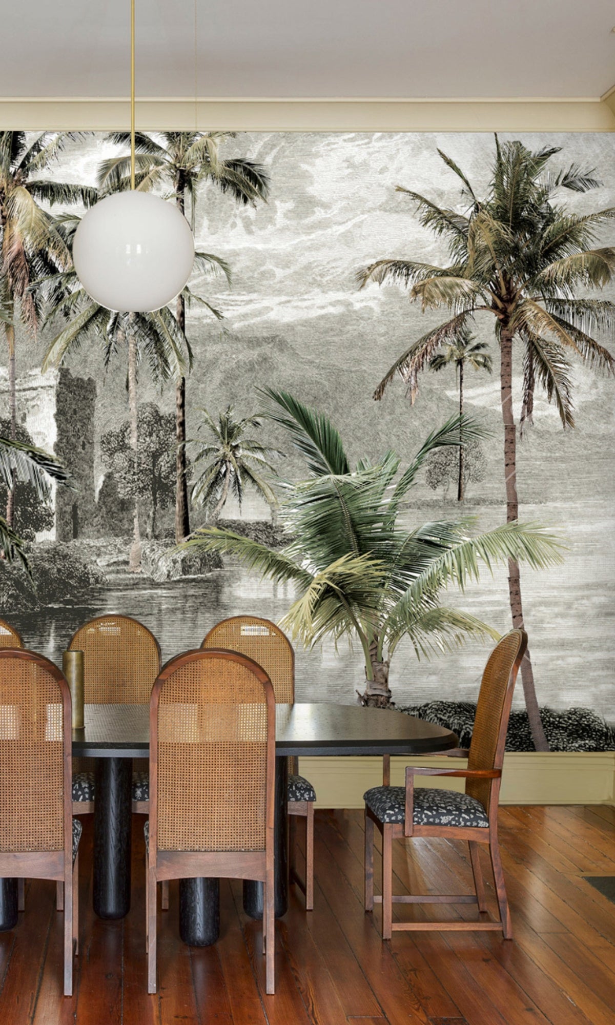 Green & Gray Island Palm Trees Mural Wallpaper M1186 - Tropical Beach Theme Peel and Stick Wallpaper for Living Room, Bedroom, Nursery - Perfect for Coastal Decor, Vacation Home, or Tropical Themed Parties