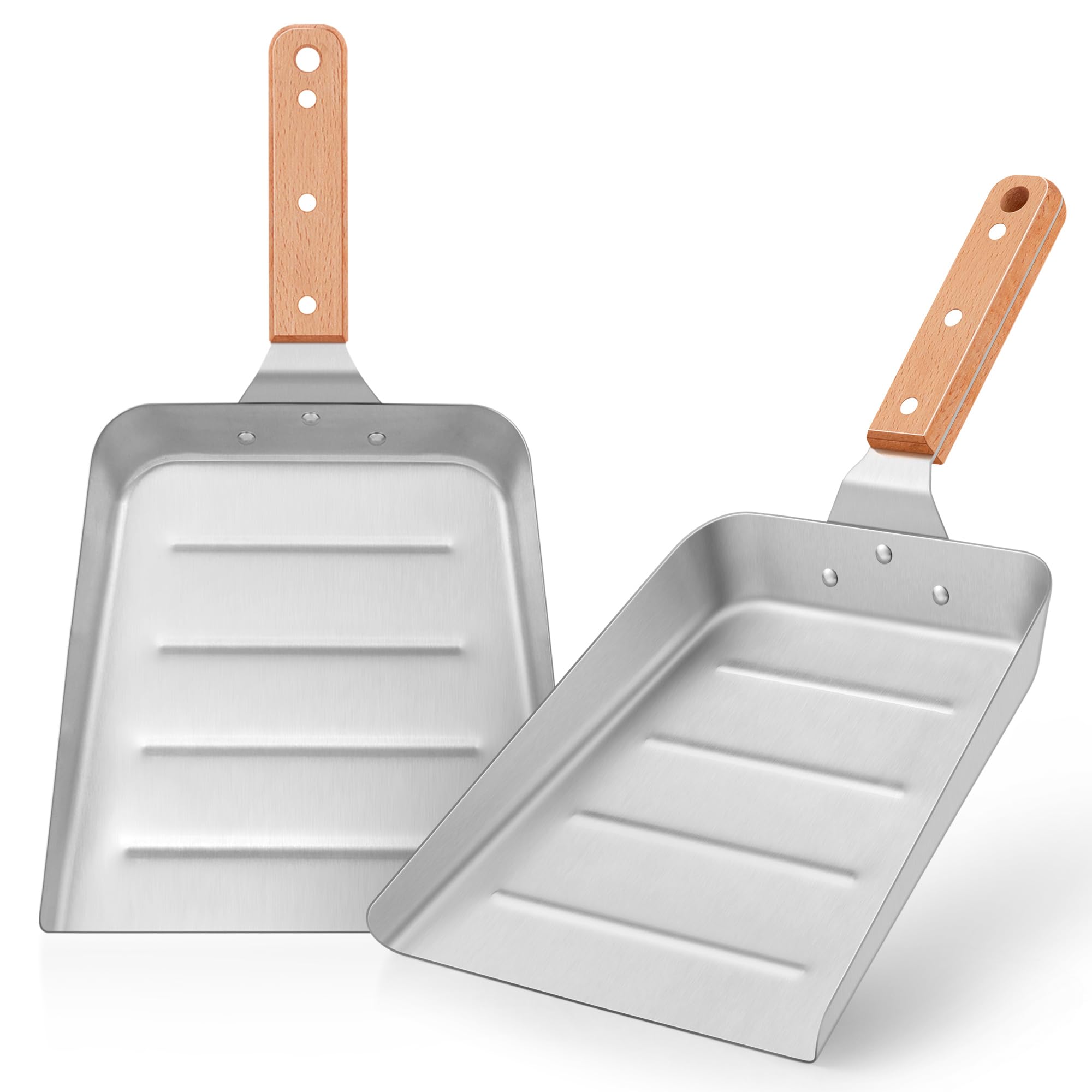 Joyfair 2-Piece Large Metal Spatula Set - Heavy Duty Stainless Steel Griddle Scoop & Burger Turner for Flat Top BBQ Grill - Corrugated Surface Grilling Accessories with Wooden Handle - Perfect for Outdoor Cooking, Camping, and Backyard BBQs
