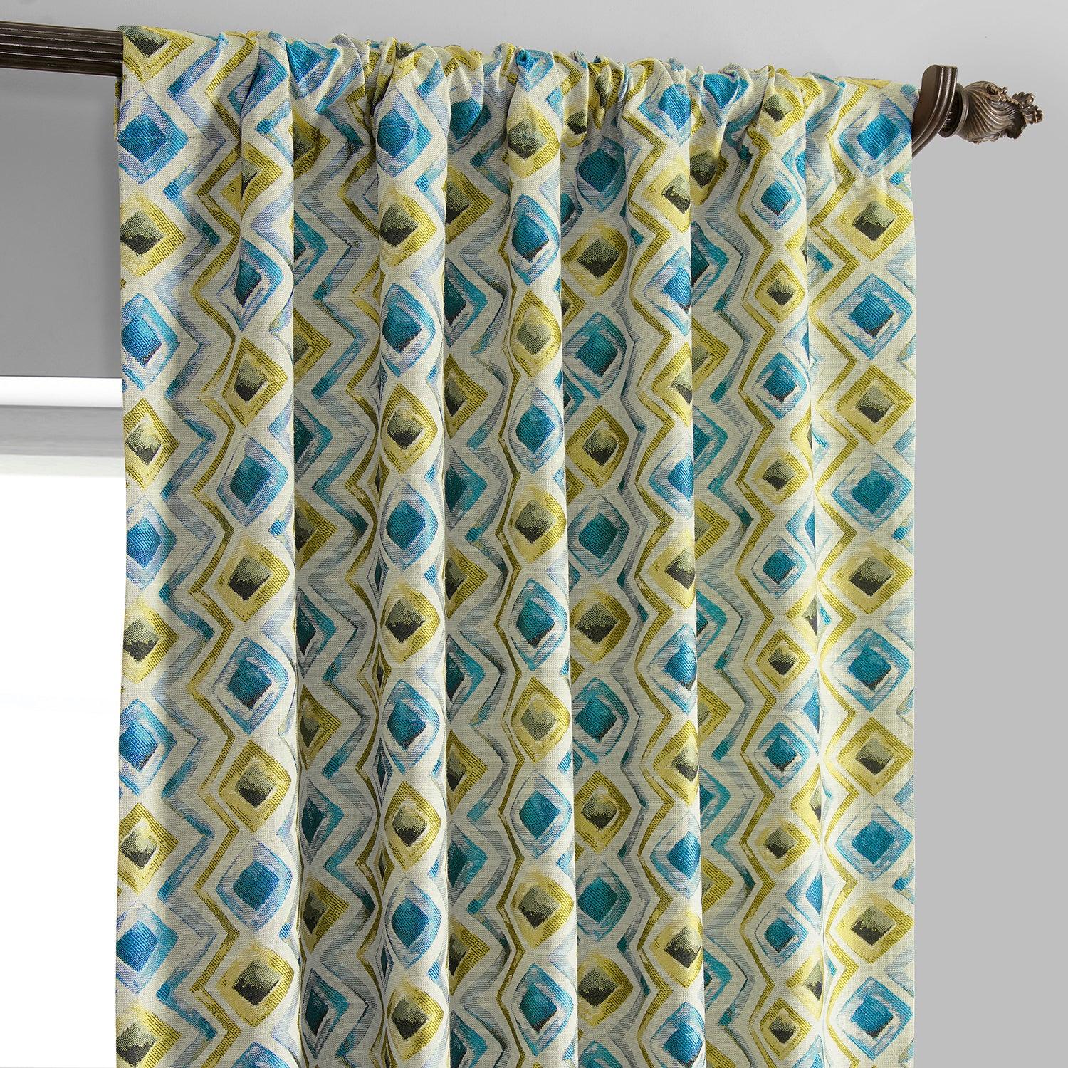 Zanni Multi Blue Green Geometric Faux Silk Jacquard Blackout Curtains for Living Room, Bedroom & Nursery - Light Blocking Window Drapes for Better Sleep & Privacy