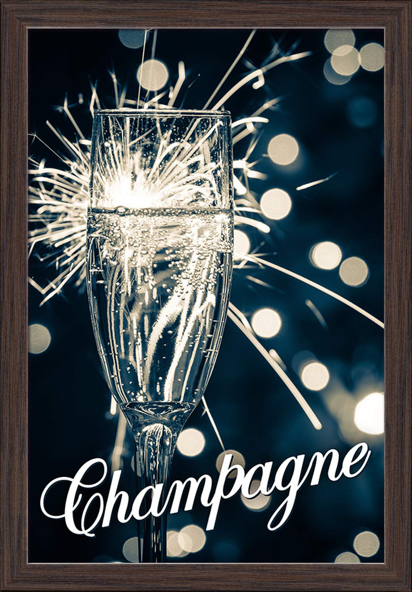Champagne Glass Fine Art Print - 16x24 Giclee on Recycled Wood Frame in Espresso Brown - Elegant Wall Decor for Dining Room, Bar & Home Office