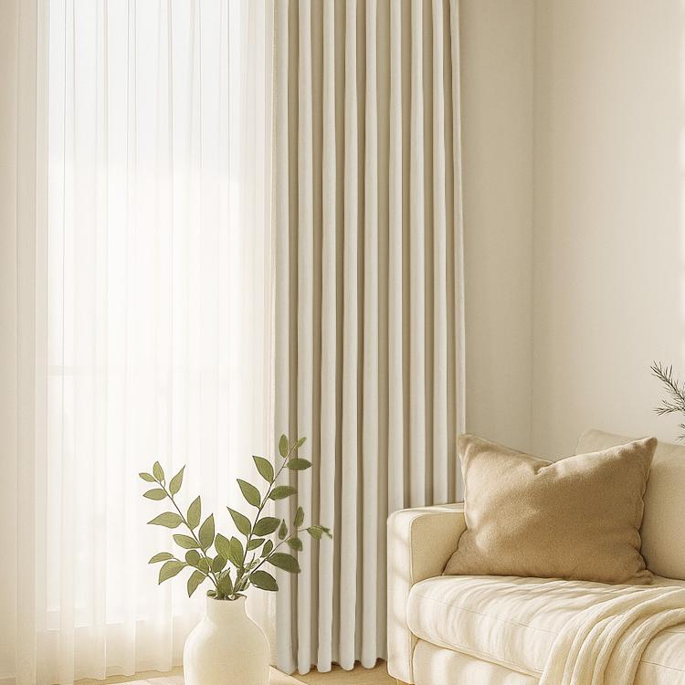 Seren Chenille Beige & White Blackout Soundproof Curtains - Heavyweight Thermal Insulated Drapes for Bedroom, Living Room & Home Theater | Noise Reducing Custom Window Treatments