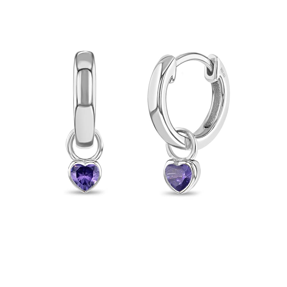 925 Sterling Silver Petite Simulated Birthstone Heart Charm Hoop Earrings for Girls 12mm - Cubic Zirconia Stud Earrings - Dainty Birthstone Jewelry for Teens - Perfect for Birthdays, Gifts & Everyday Wear