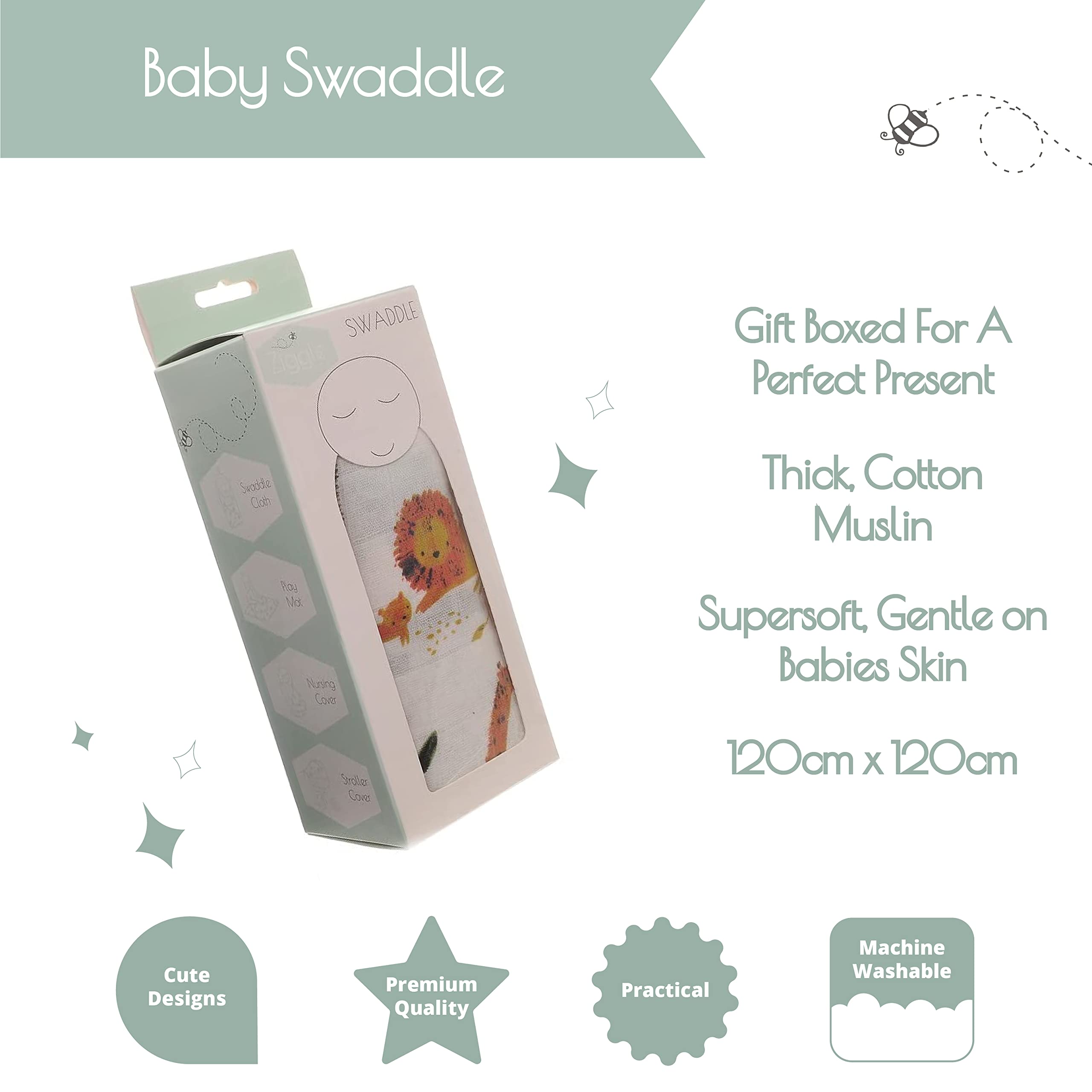 Ziggle Muslin Baby Cloths - 100% Cotton Swaddle Blankets & Burp Cloths for Newborns - Soft Breathable Washcloths for Infant Care - Safari Animal Print Baby Shower Gifts (Perfect for Nursing, Swaddling & Diaper Bag Essentials)