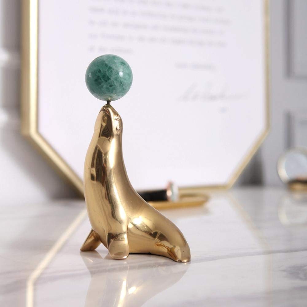 Gold & Copper Sea Lion Playing with Green Jade Ball Sculpture - Elegant Home Decor, Marine Life Collectible, Unique Wedding Gift for Couples | Perfect for Living Room, Office, or Beach-Themed Party Decorations