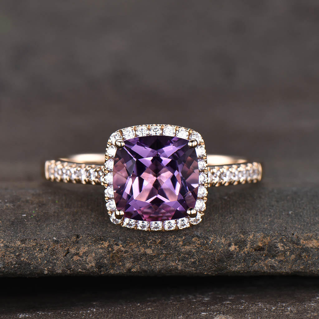 Exquisite Purple Amethyst Diamond Halo Engagement Ring - Cushion Cut Gemstone Jewelry for Weddings, Proposals & Anniversary Gifts