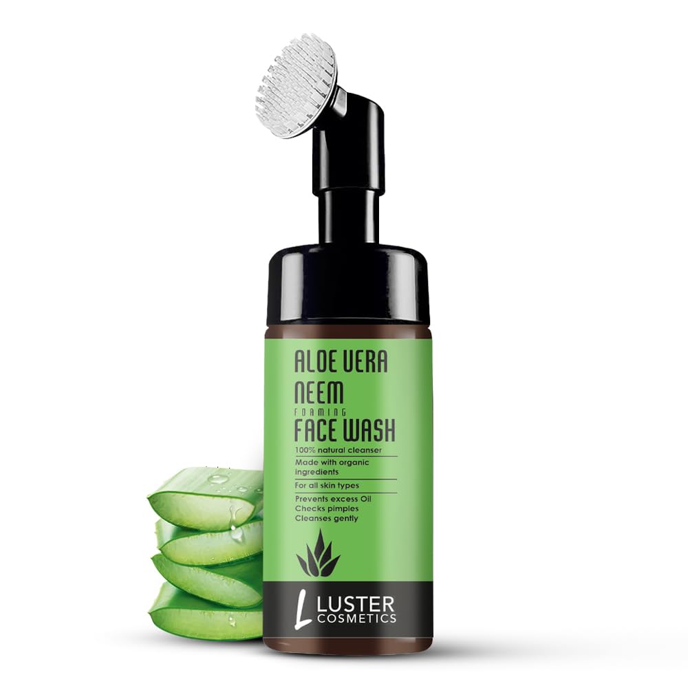 Luster Cosmetics Aloe Vera Neem Foaming Face Wash with Built-In Brush - 100ml | Natural Neem & Aloe Vera Extracts for Deep Cleansing | Gentle Foam Cleanser for Women & Men | Suitable for All Skin Types | Perfect for Daily Skincare Routine & Travel