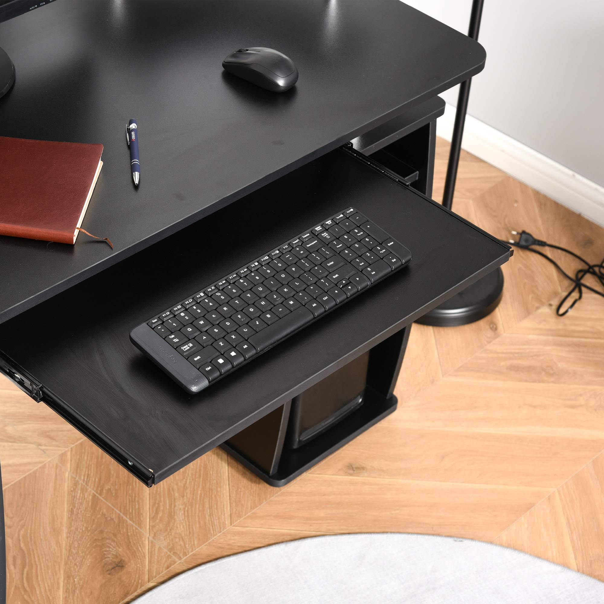 HOMCOM Black Multi-Function Computer Desk with Keyboard Tray, Elevated Shelf & CPU Stand - Home Office Workstation for Small Spaces | Perfect for Remote Work, Gaming & Study Setup
