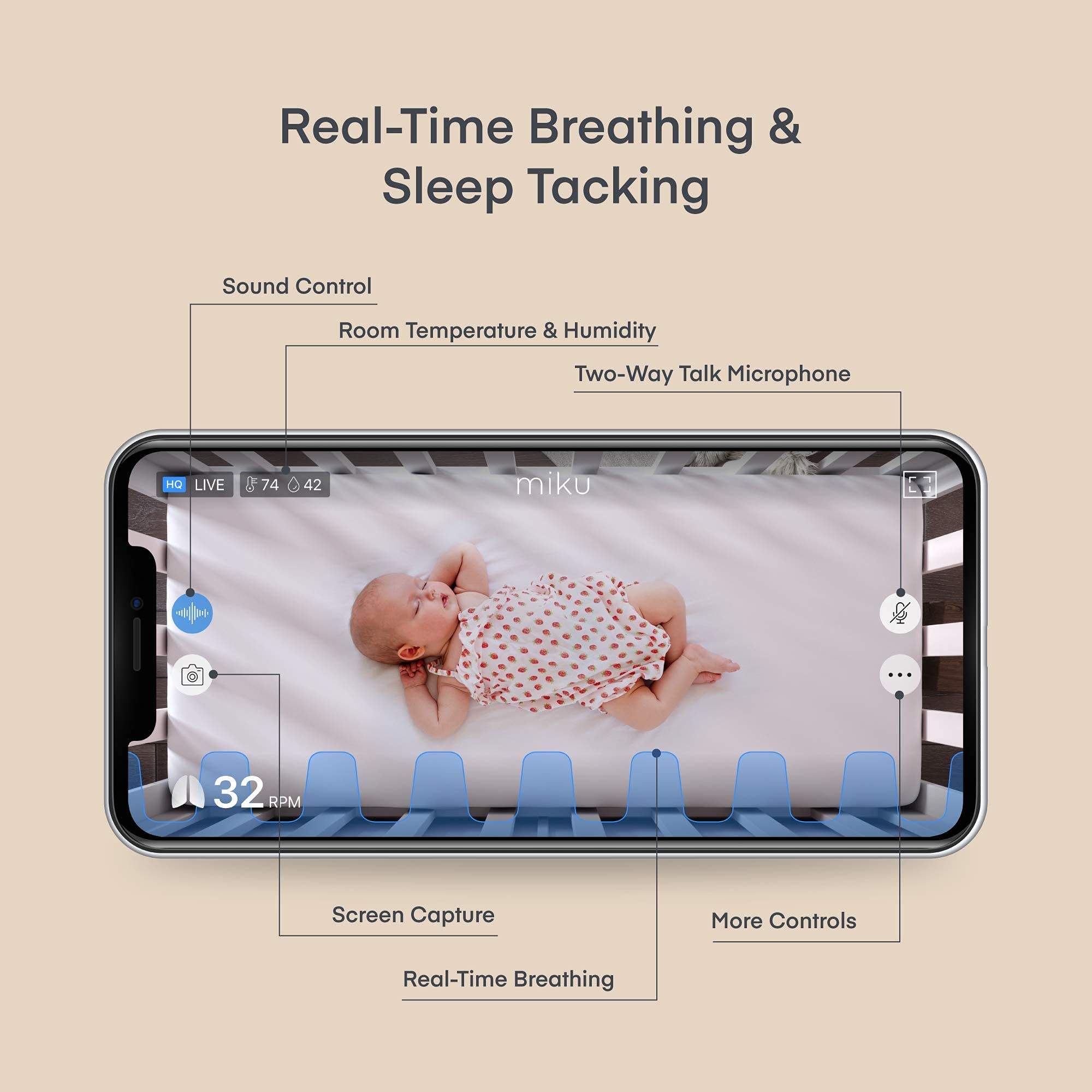 Miku Pro Smart Baby Monitor with Contact-Free Breathing & Sleep Tracking - HD Video Camera, Night Vision, Two-Way Audio, Temperature & Humidity Sensor - Wall Mountable for Nursery, Bedroom & Daycare Use