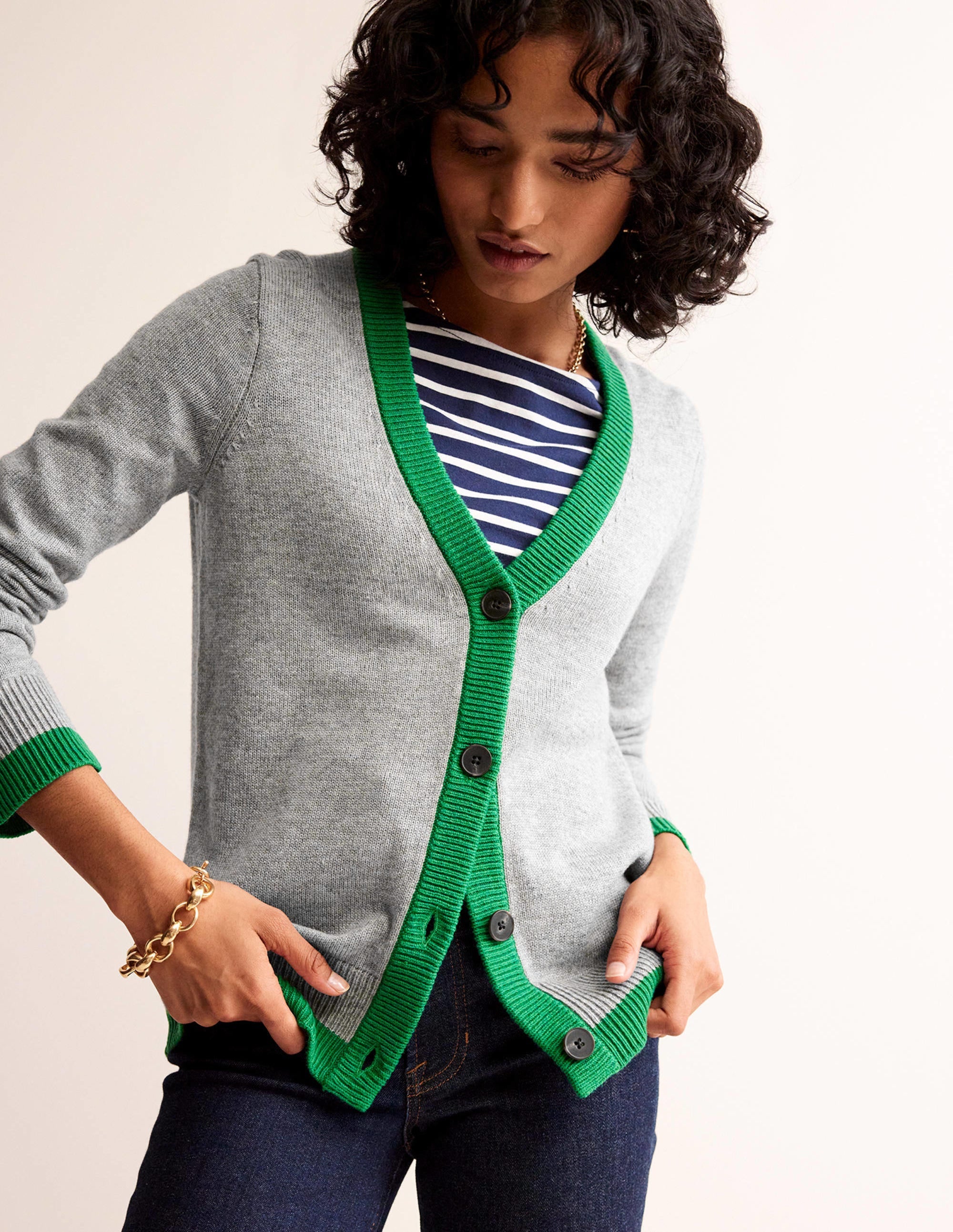 Alma Contrast Trim Cardigan - Grey Melange & Rich Emerald - Women's Knit Sweater for Fall & Winter | Cozy Office Wear & Casual Outfits