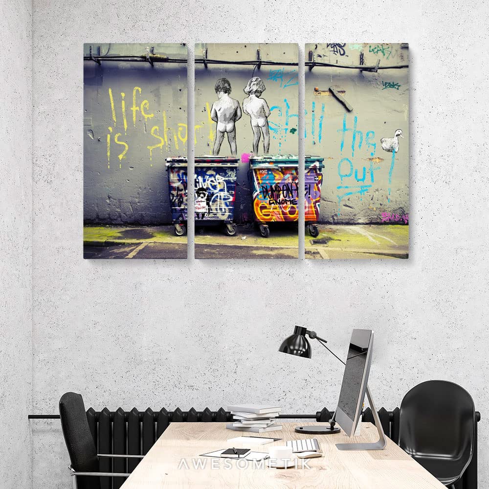 Banksy Peeing Boys Graffiti Canvas Wall Art Set - Life is Short Chill The Duck Out Street Art (3 Piece Medium) - Perfect for Urban Home Decor, Living Room & Office Wall Art