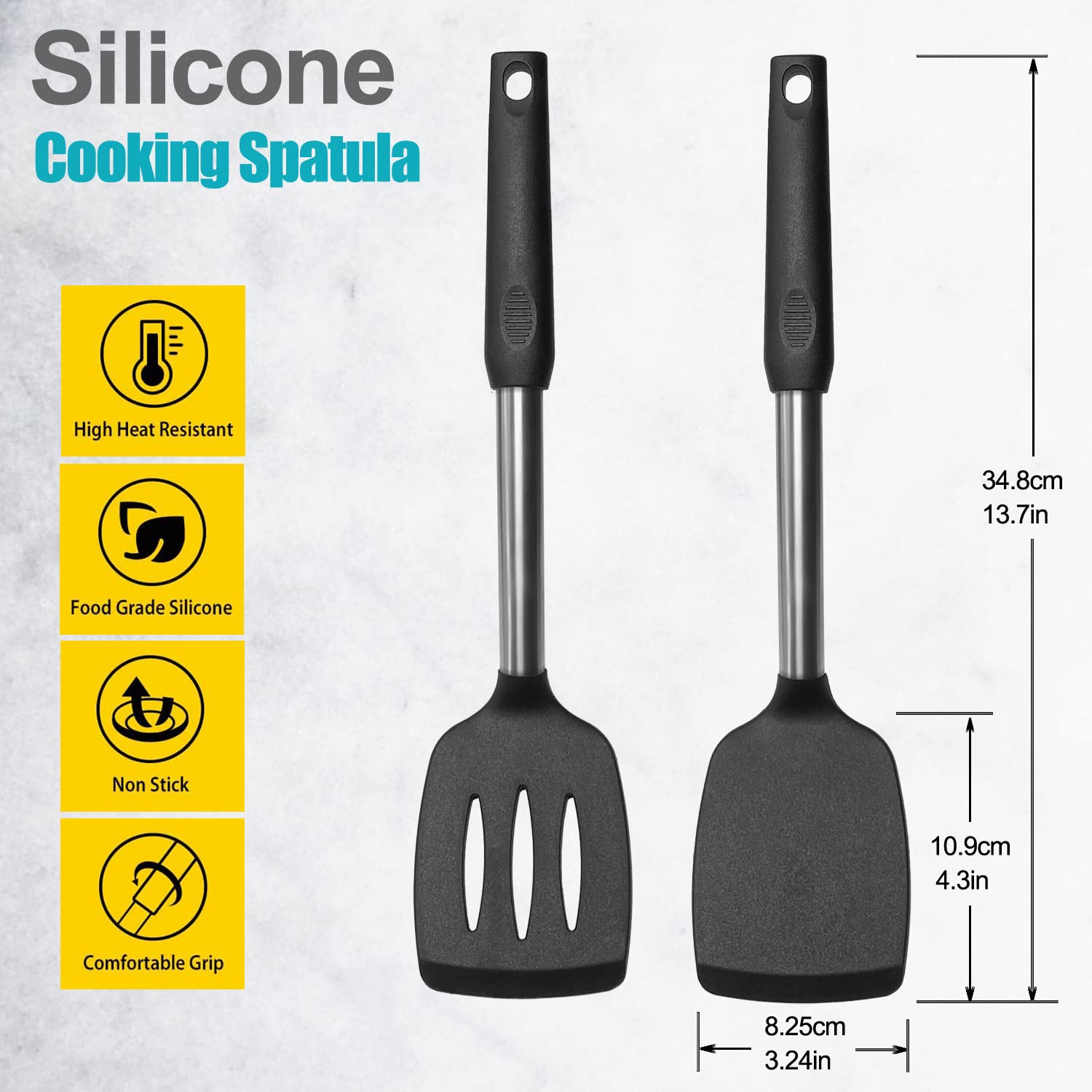 2-Pack Silicone Spatula Set - Solid & Slotted Stainless Steel Handle Non-Stick Turner - Heat Resistant Rubber Spatulas for Cooking, Baking, Flipping Fish, Eggs & Pancakes - Perfect for Woks, Frying Pans & Kitchen Utensils