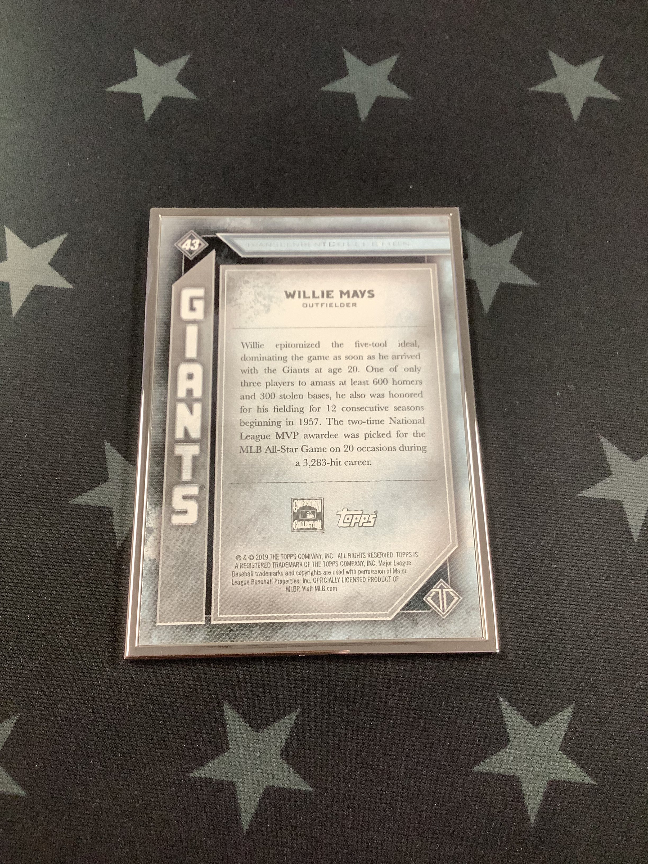 2019 Willie Mays Transcendent Collection Baseball Card #43/100 - Rare Limited Edition for Collectors & Sports Memorabilia Fans - Perfect for Display, Investment & Gifting