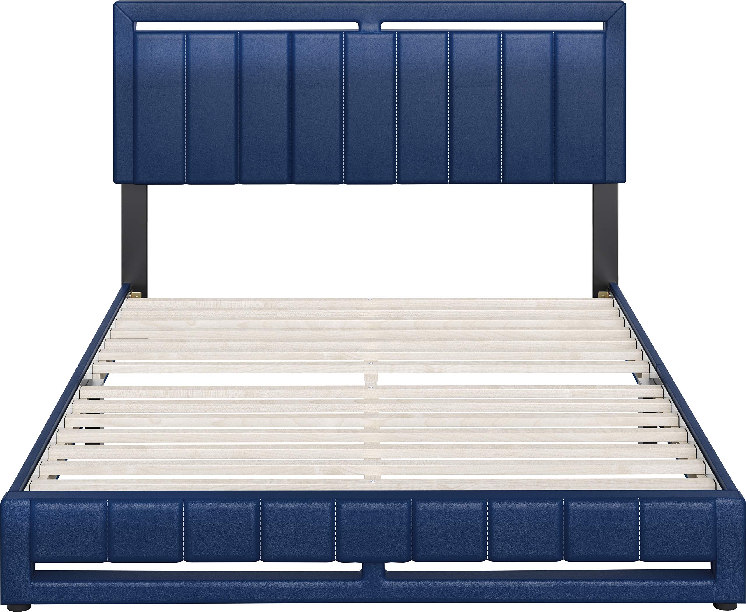 Boyd Sleep Beaumont Upholstered Queen Platform Bed with Headboard - Black Faux Leather - 14 Wood Slat Support Mattress Foundation (No Box Spring Needed) for Bedroom, Guest Room & Master Suite