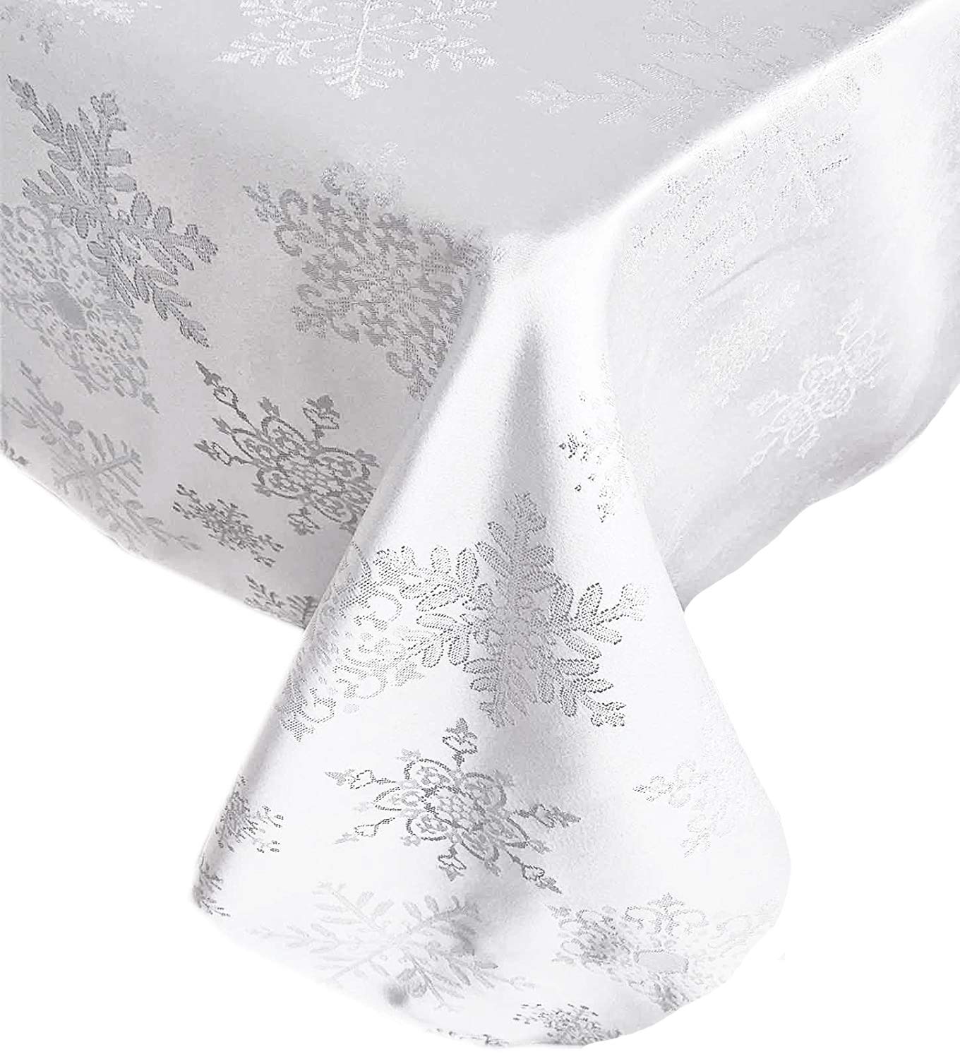 Newbridge Fancy Metallic Snowflake Christmas Tablecloth - No-Iron, Soil Resistant, Sparkling Lurex Woven Fabric - 52x52 Inch Square Holiday Table Cover in White/Silver - Perfect for Christmas Dinner, Party Decor & Festive Home Decorating