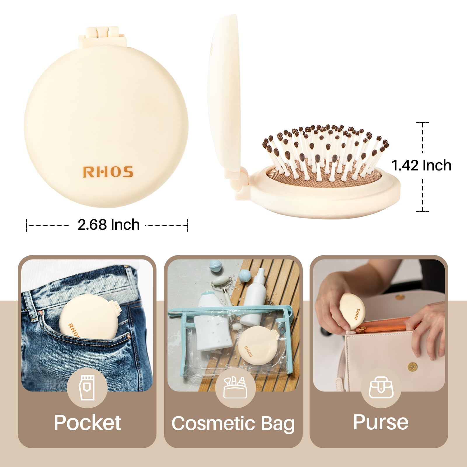 RHOS Compact Folding Hair Brush with Mirror - Portable Travel Brush for Women, Men & Kids - Perfect for Purse, Pocket & On-the-Go Styling - Ideal for Travel, Gym & Daily Touch-Ups (Beige)