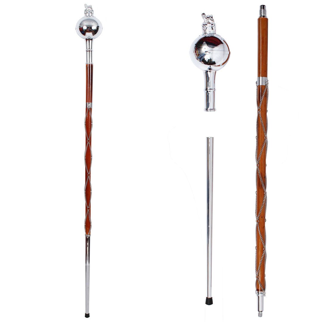 Drum Major Mace Stave - Chrome Ball Head with Lion & Crown Design - 3-Piece Marching Band Equipment for Parades & Ceremonial Performances
