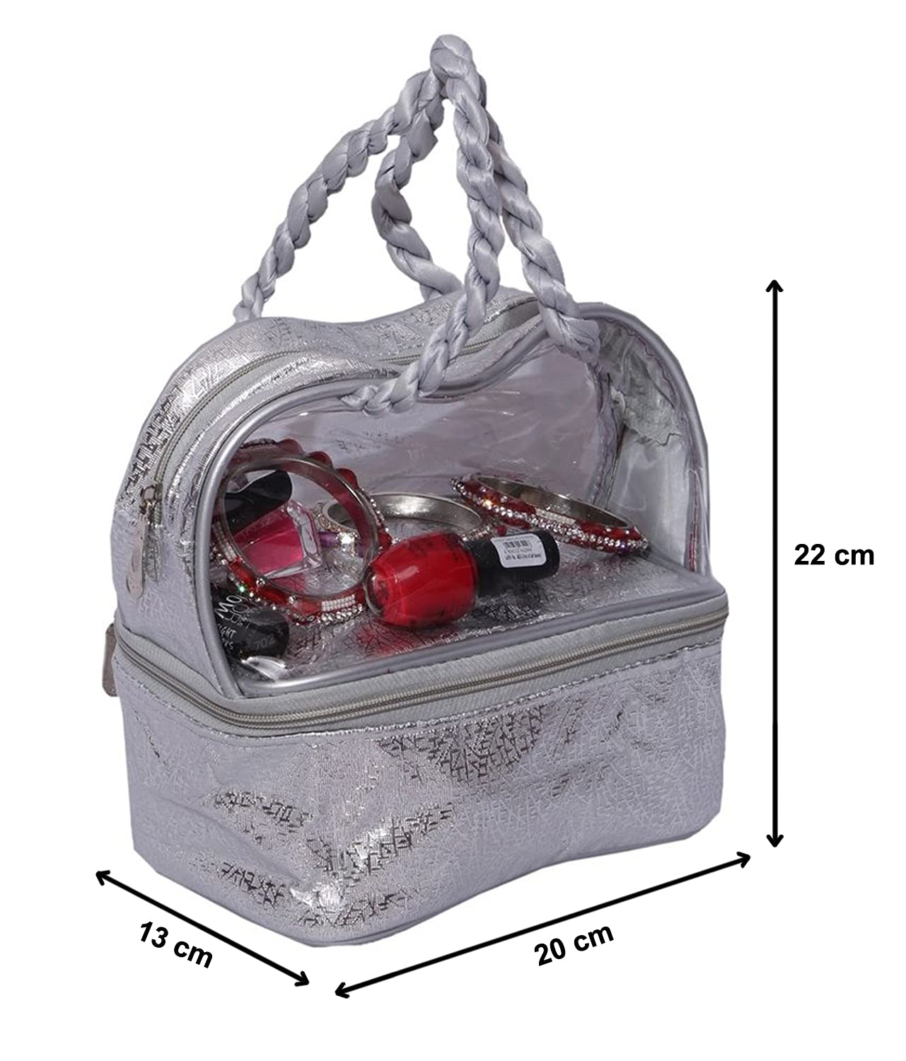 Kuber Industries Double Layer Waterproof Cosmetic Bag for Travel - Silver Makeup Organizer Pouch | Perfect for Toiletries, Makeup Brushes & Travel Essentials