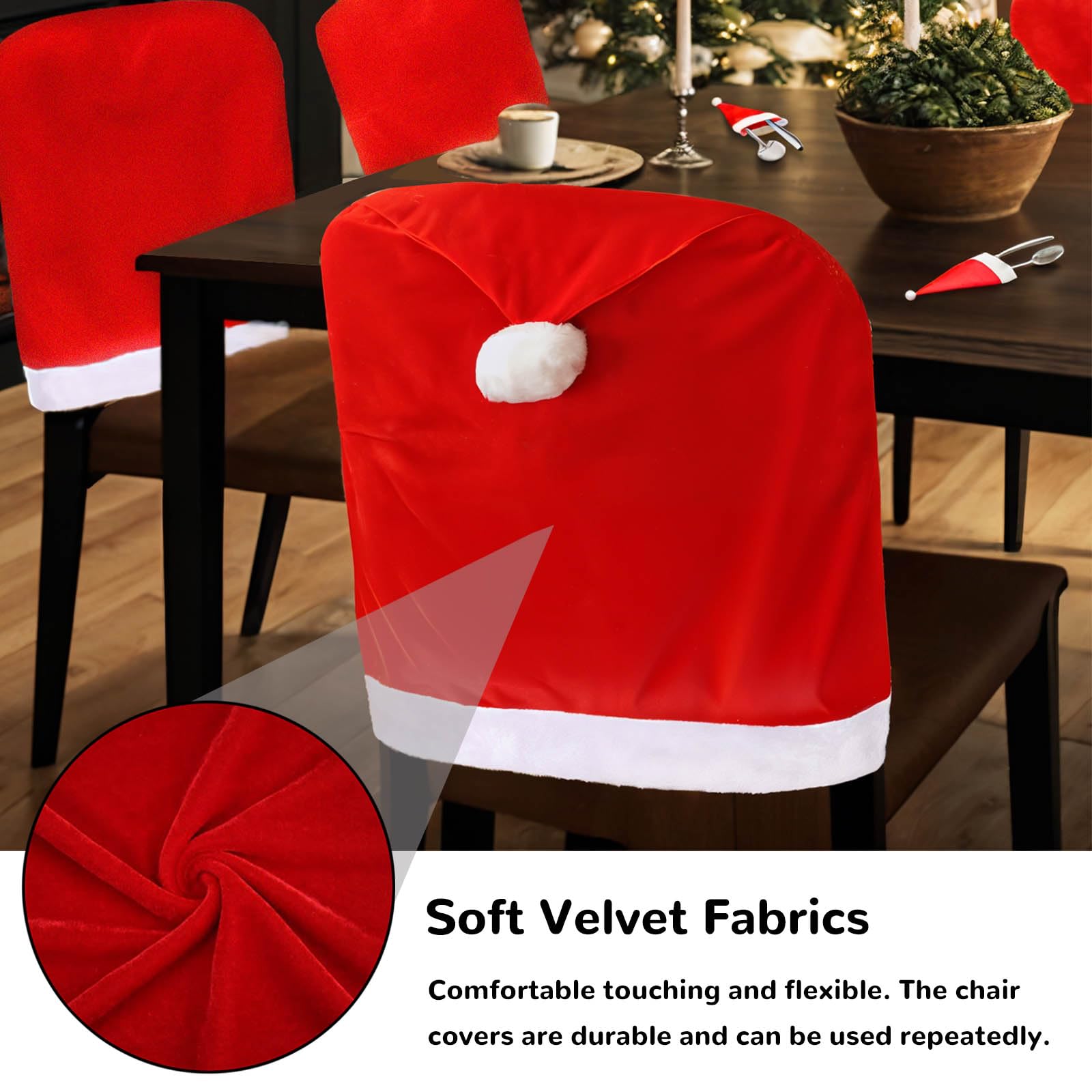 Santa Hat Chair Covers 4PCS with Silverware Holders - Christmas Dining Decor for Holiday Parties