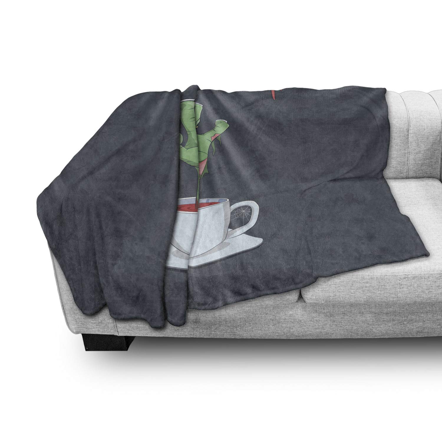 Ambesonne Halloween Throw Blanket - Zombie Hand in Bloody Tea Cup with Spiders & 'Happy Halloween' Print | Soft Flannel Fleece Accent Blanket for Couch, Bed, Sofa (50x60 Inches) | Grey Pale Rust Green | Perfect for Halloween Decor, Horror Movie Nights & Cozy Fall Evenings