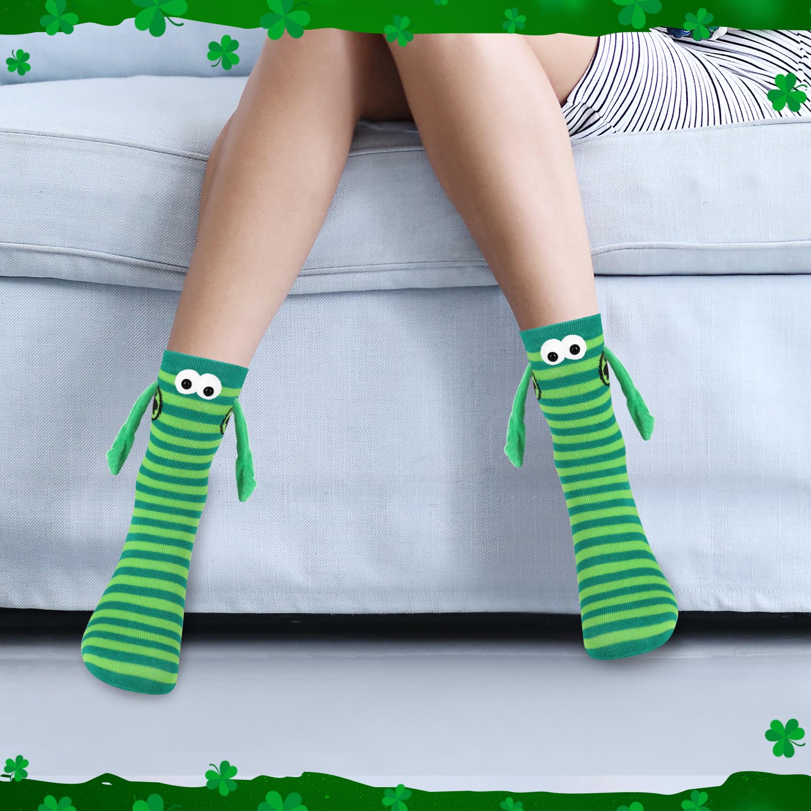 8 Pairs St Patrick's Day Magnetic Couple Socks - Funny Green & Black Holding Hands Novelty Socks for Women, Men, Couples - Perfect for Irish Themed Parties, Gifts for Friends & Romantic Couples on Valentine's Day or Anniversary