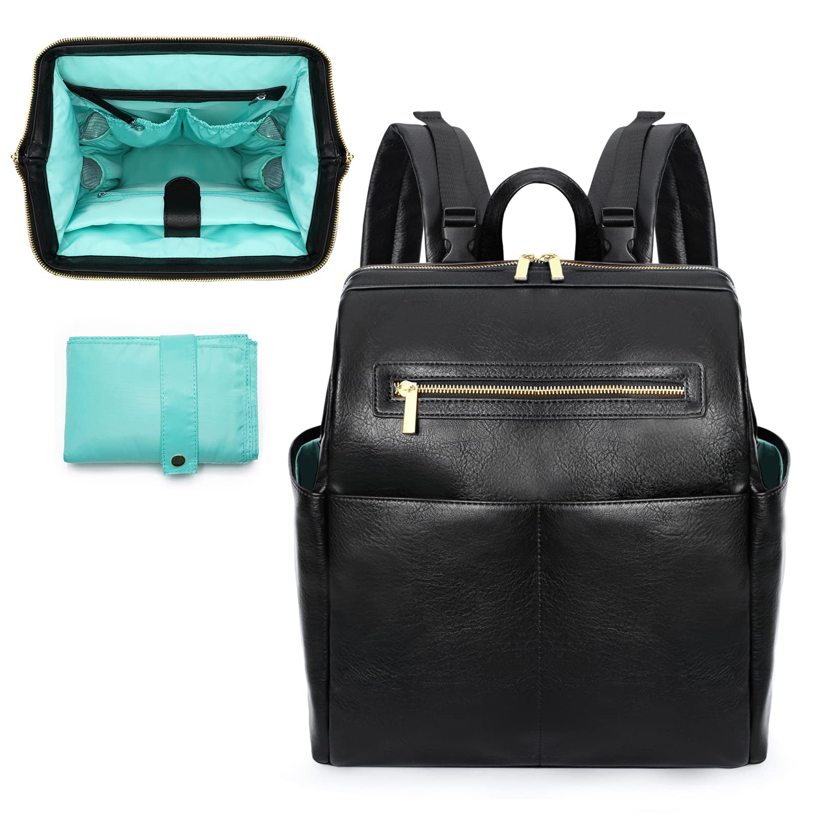 Premium Leather Diaper Backpack for Moms & Dads - 16 Pockets, Insulated Compartments, Fits 15