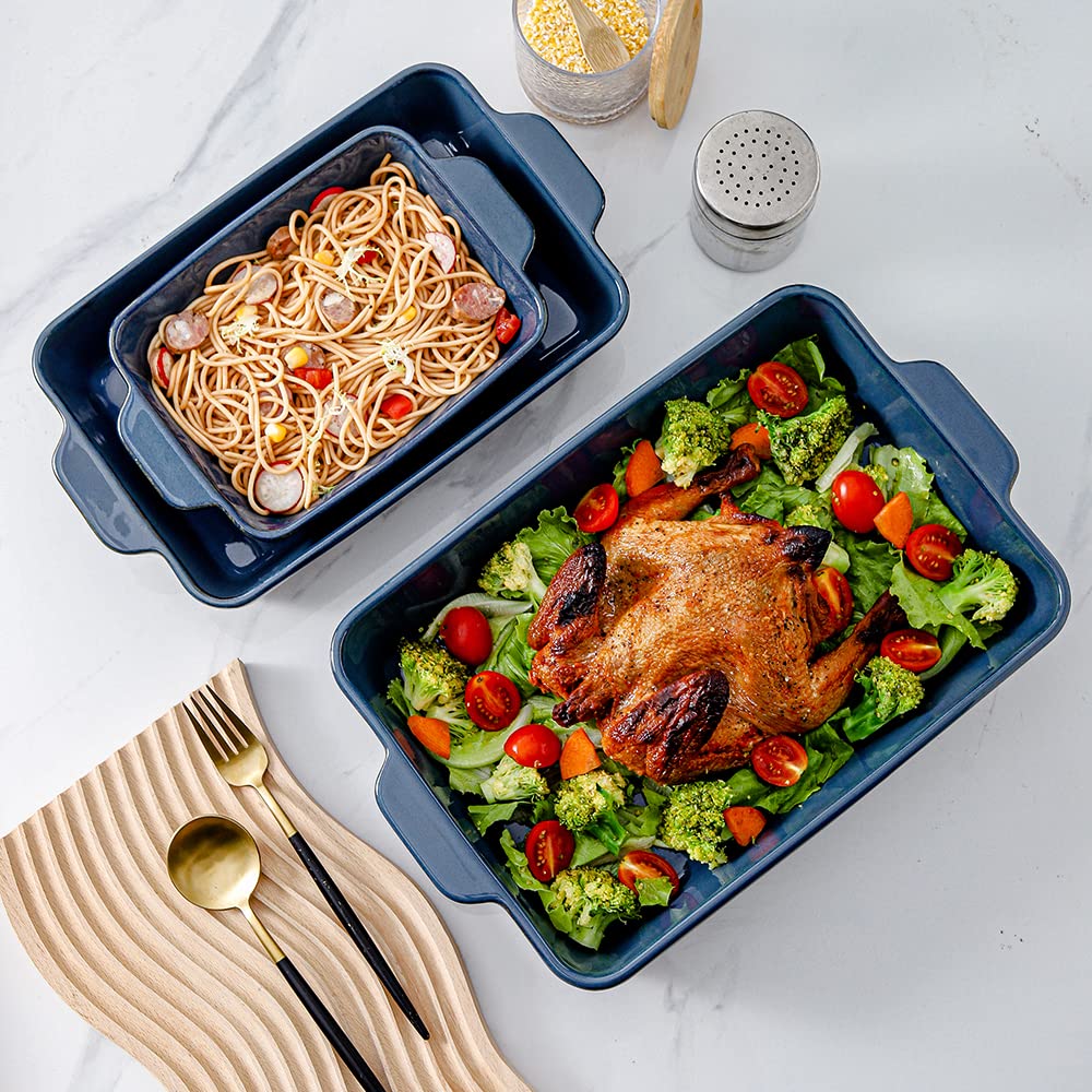 HVH 3-Piece Ceramic Baking Dish Set - 9x13 Inch Deep Casserole Pan, Lasagna Dish & Rectangular Bakeware - Farmhouse Style Blue Ceramic Cookware for Oven, Microwave & Dishwasher Safe - Perfect for Casseroles, Lasagna, Roasts & Holiday Meals