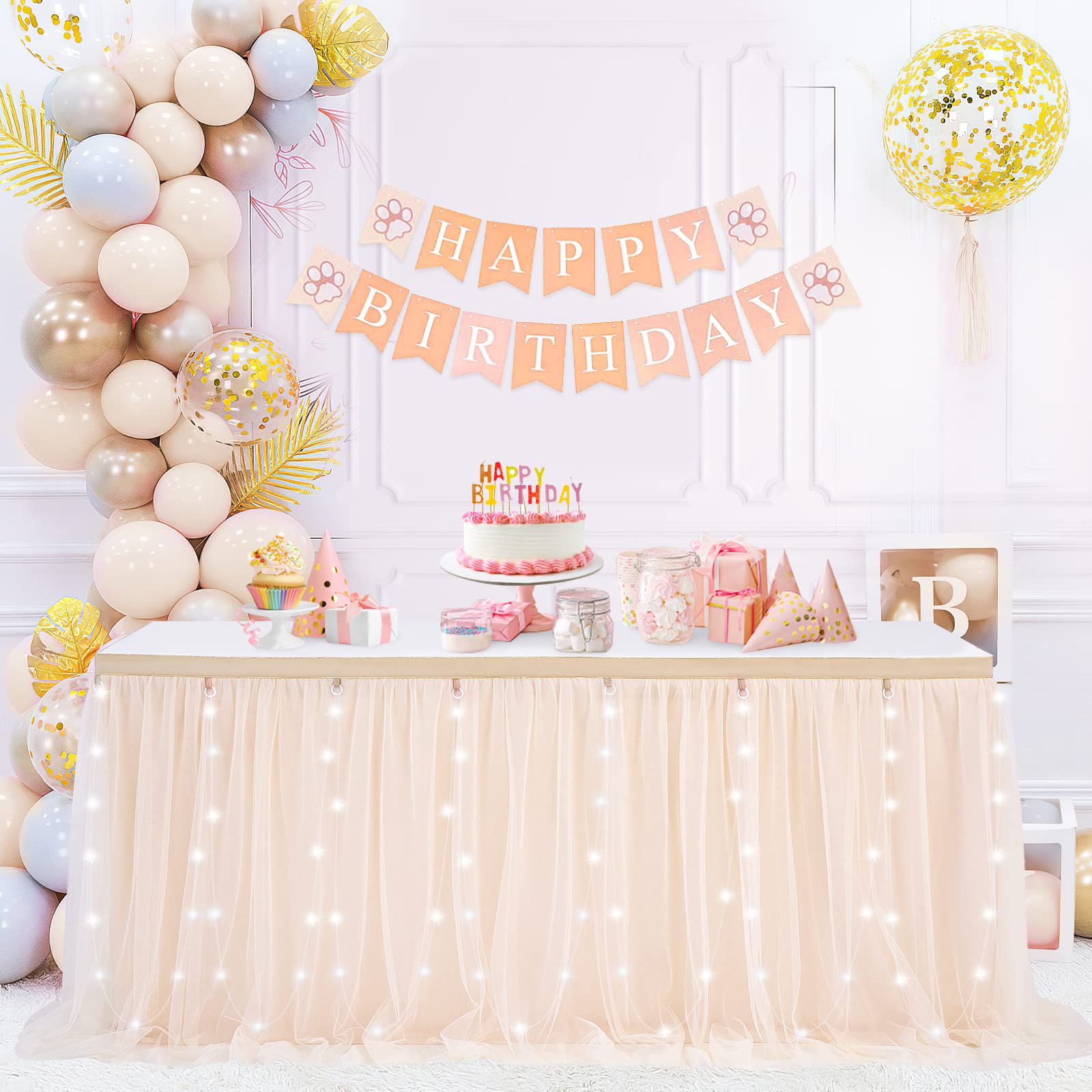 6FT Champagne Tulle Table Skirt with Lights - Elegant Wedding Party Decor, Bridal Shower Table Cover, Birthday & Anniversary Celebration Tablecloth (Perfect for Banquet, Reception & Special Event Decorations)