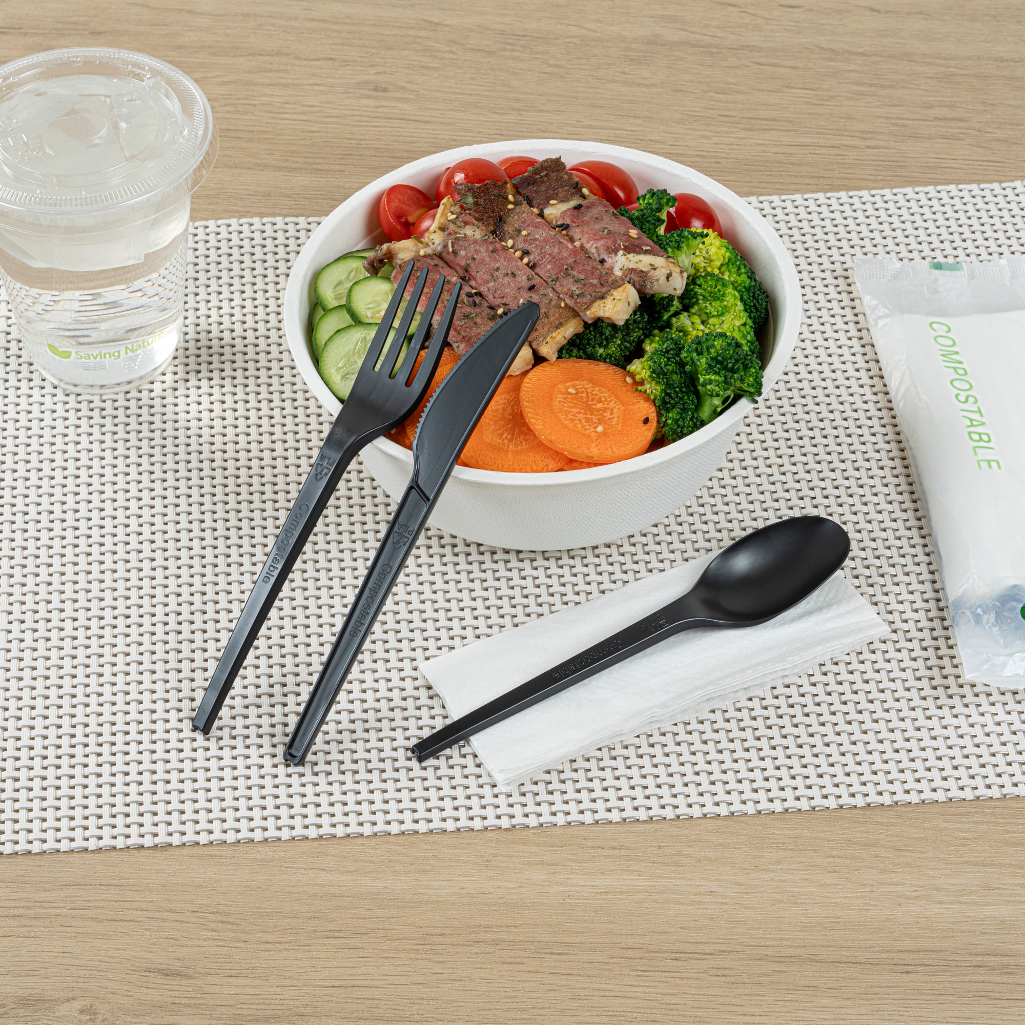 Eco-Friendly Black CPLA Plastic Cutlery Set - 100-Piece Compostable Utensils with Heat-Resistant Forks, Knives & Spoons | Includes Biodegradable Wrapper & White Napkins | Perfect for Parties, Picnics & Takeout Meals