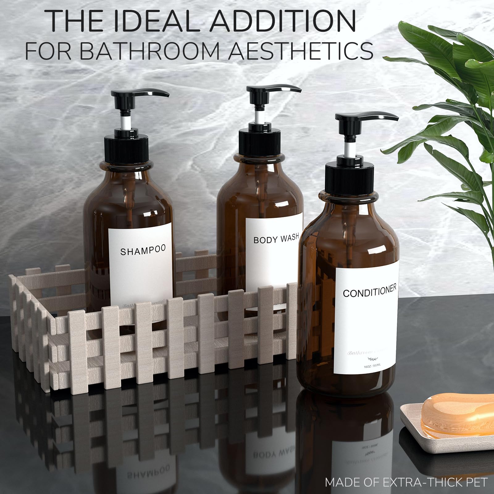 Modern 3-Chamber Shampoo and Conditioner Dispenser Set - No Drill Wall Mounted 16oz Bathroom Shower Soap Dispenser with 6 Labels, Easy Refill for Shampoo, Conditioner & Body Wash - Amber - Perfect for Spa-Like Showers, Guest Bathrooms & Organized Family Homes