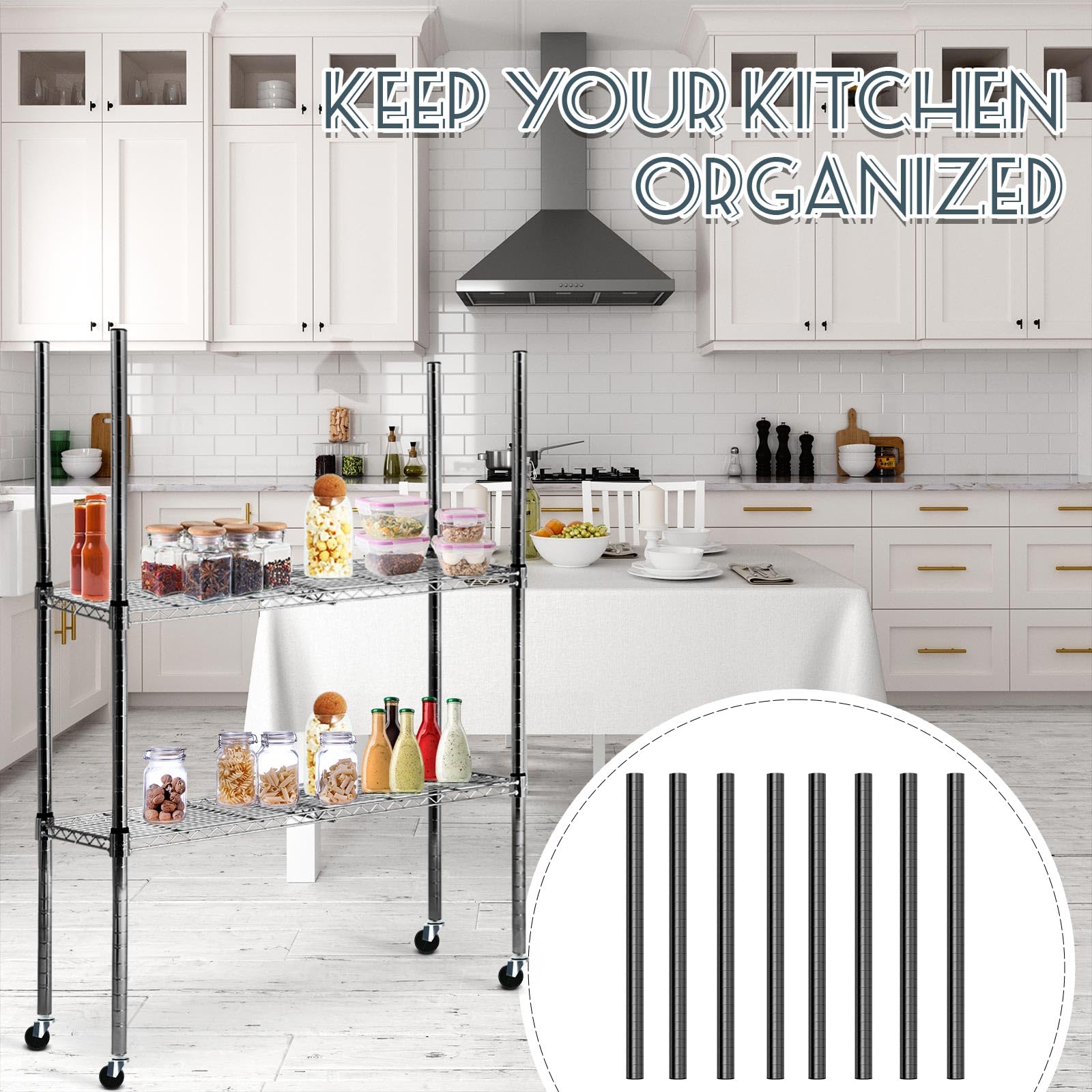 4-Pack Chrome Wire Shelving Poles with 50 Plastic Shelf Clips & Caster Wheels - 74 Inch Heavy Duty Replacement Posts for Wire Shelving Rack Accessories | Garage Storage, Pantry Organization, Retail Display