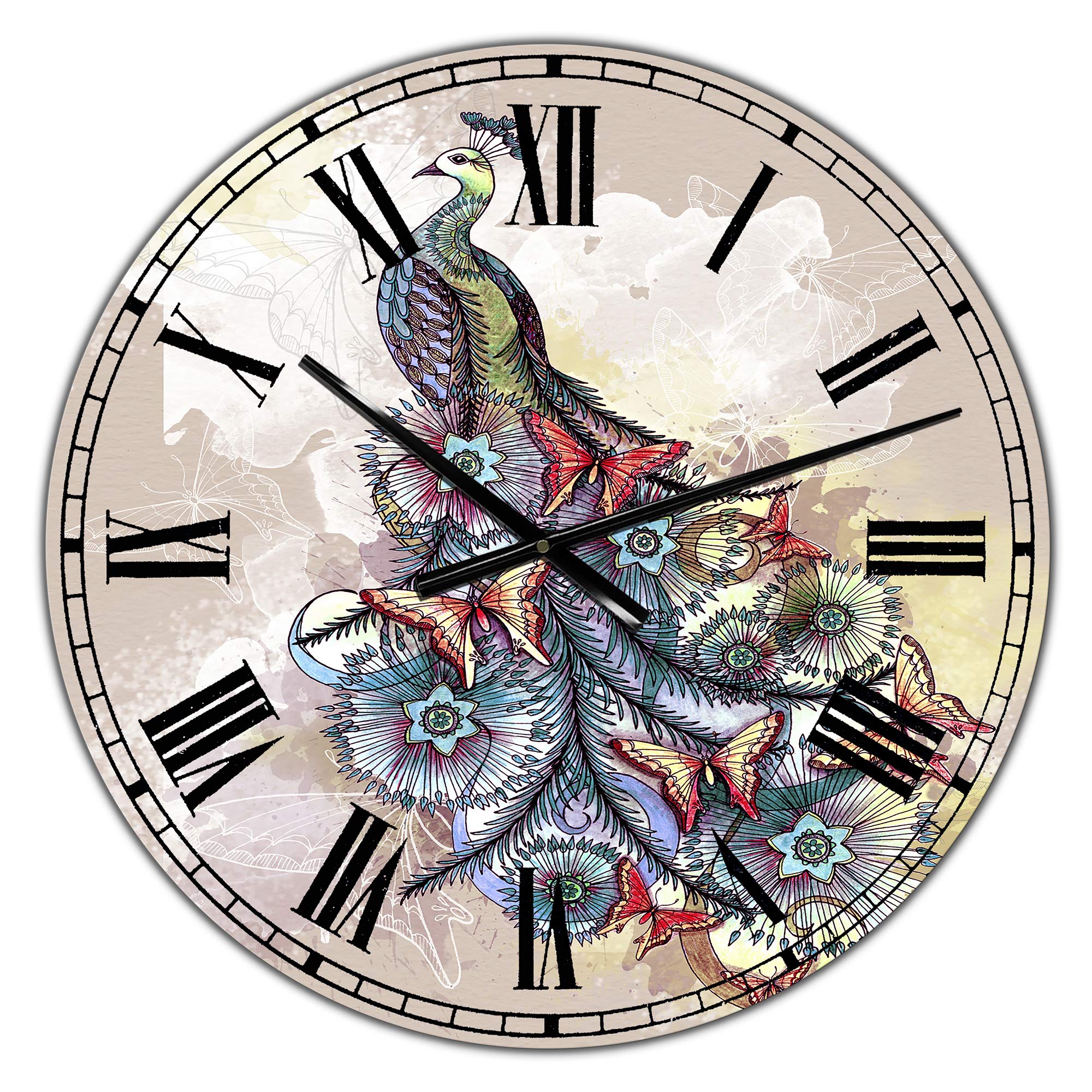 Designart Butterfly Peacock Wall Clock - Round Metal Decorative Clock for Home, Living Room, Bedroom & Office - Perfect Wall Art for Boho, Cottage & Vintage Decor Styles