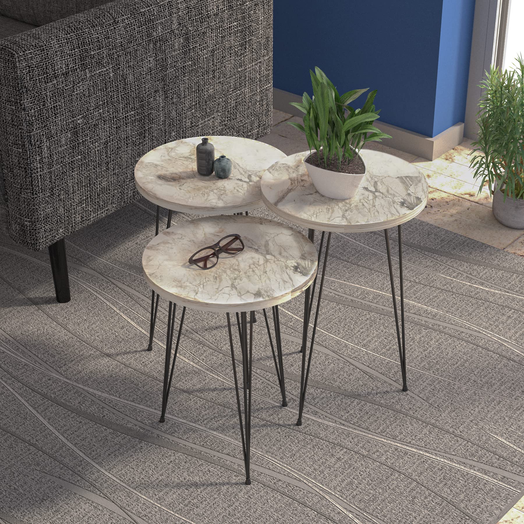 PAK HOME Set of 3 White Marble Nesting End Tables - Round Wood Stacking Coffee Side Accent Tables with Metal Legs for Living Room, Bedroom, Home Office | Modern Home Decor, Small Space Furniture, Apartment Essentials