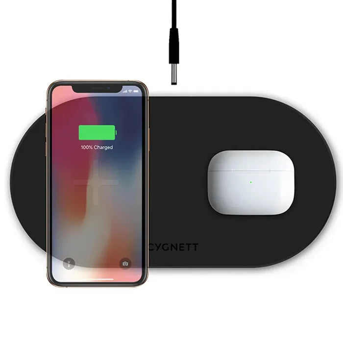 Cygnett Twofold 20W Dual Wireless Phone Charger - Fast Charging Stand for iPhone & Android - Perfect for Bedroom, Office & Travel (Black)