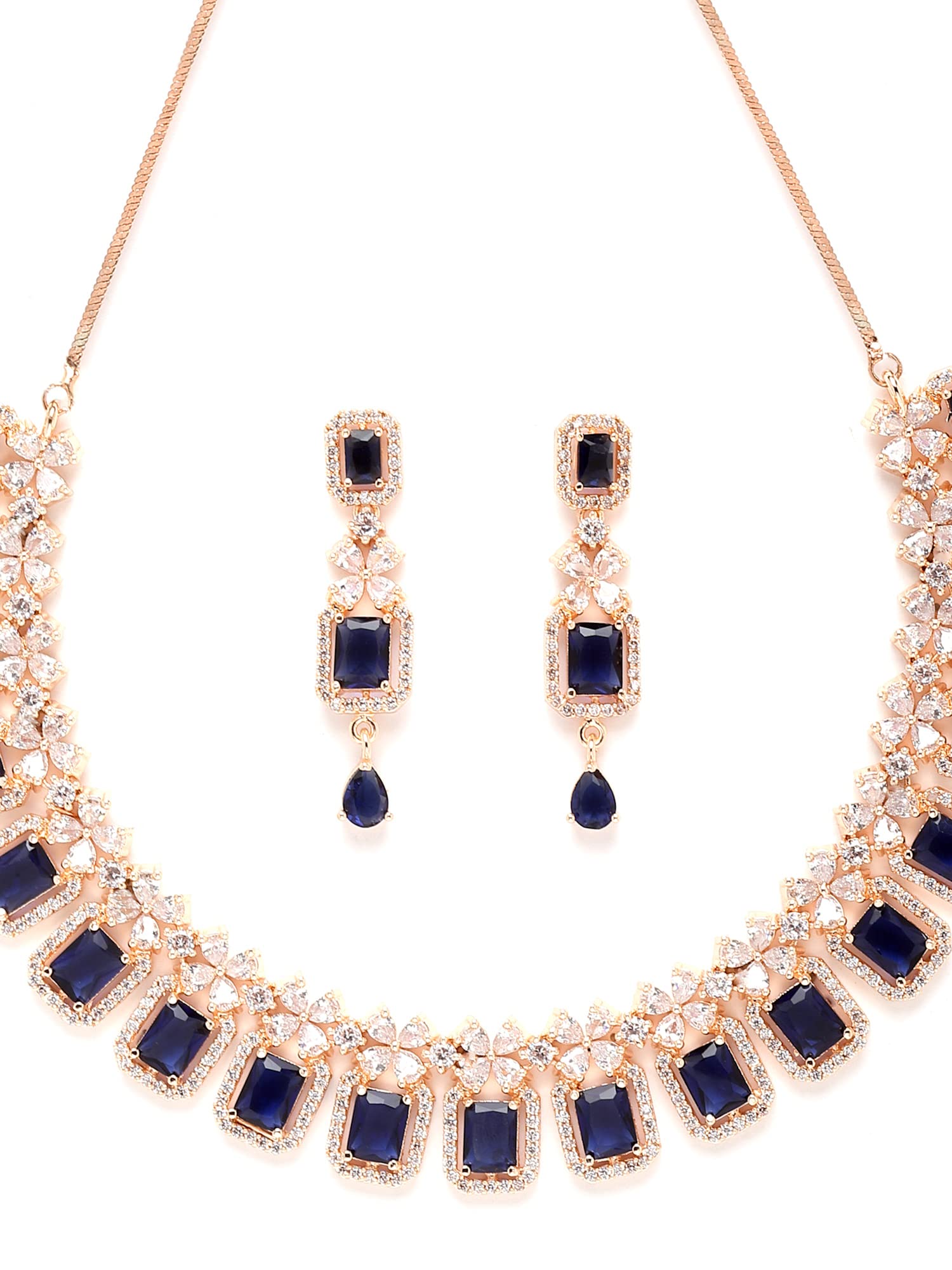 Rose Gold Plated Blue AD Necklace Set for Women - Elegant Jewelry Gift for Her, Birthday, Anniversary & Special Occasions