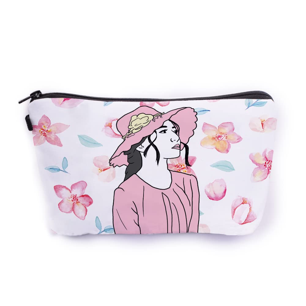 Pastel Hat Lady Cosmetic Pouch for Women - Canvas Makeup Bag with Zipper, Travel Toiletry Storage Organizer | Perfect for Travel, Gym & Daily Essentials Organization